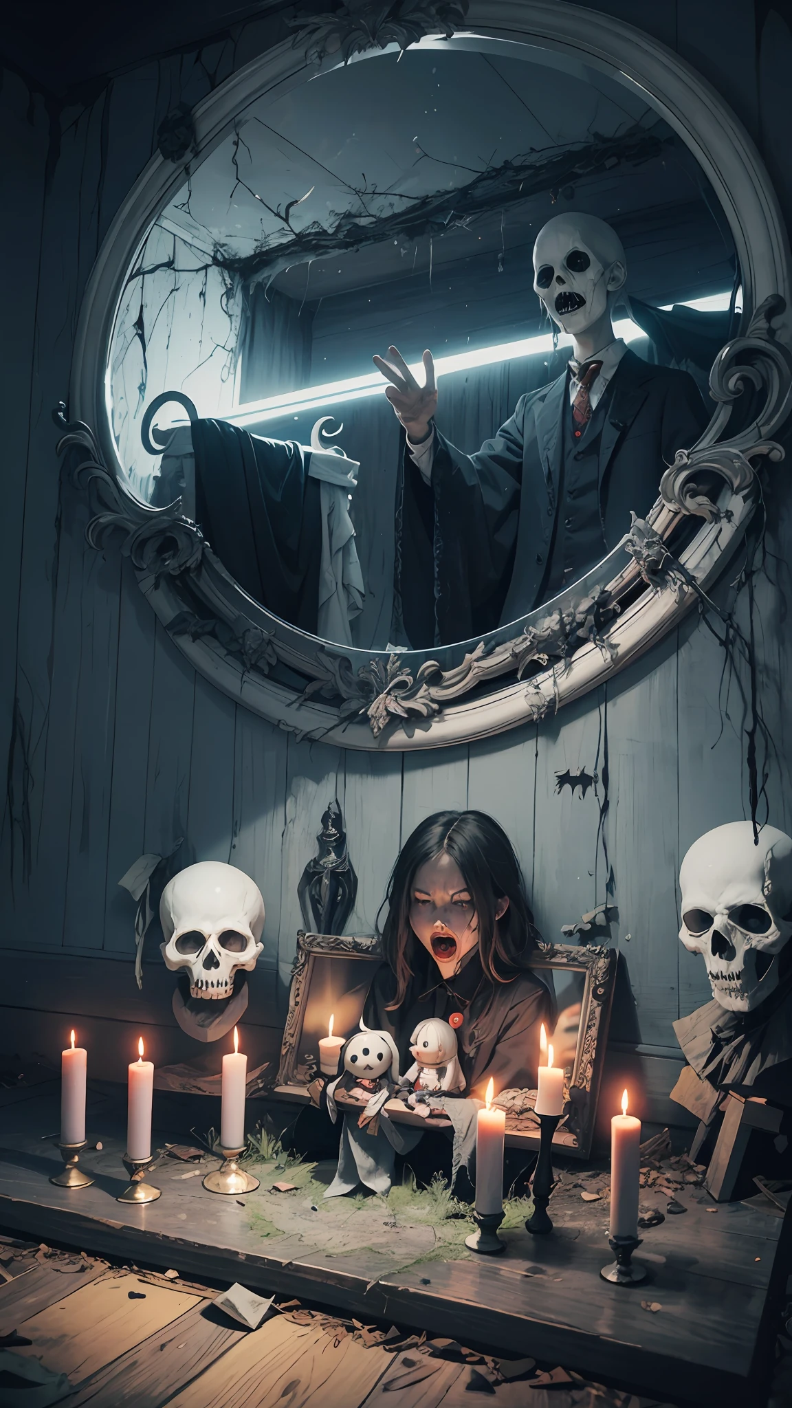Haunted graveyard,Sinister shadows,Creepy abandoned house,Malevolent spirits,Bloodcurdling screams,Cursed dolls,Terrifying clowns,Macabre rituals,Grave robbers,Chilling whispers,Possessed mirrors,Haunted paintings,Creaking floorboards,Mysterious disappearances,Forbidden rituals