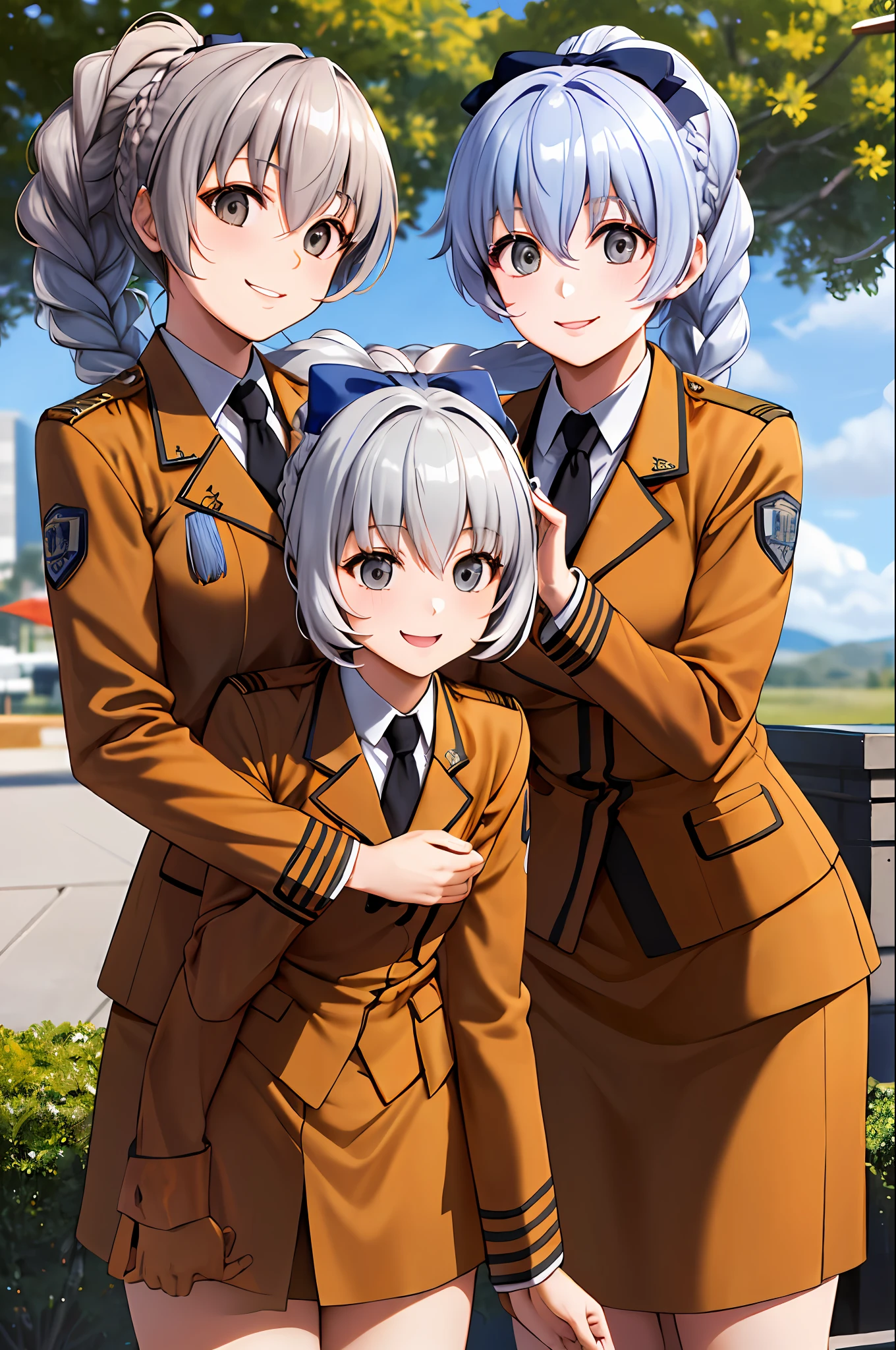 masterpiece, best quality, highres, 3girls, trio, military uniform, braided ponytail, single braid, grey eyes, grey hair, black necktie, blue bow, brown skirt, smile, outdoors,  standing, cowboy shot