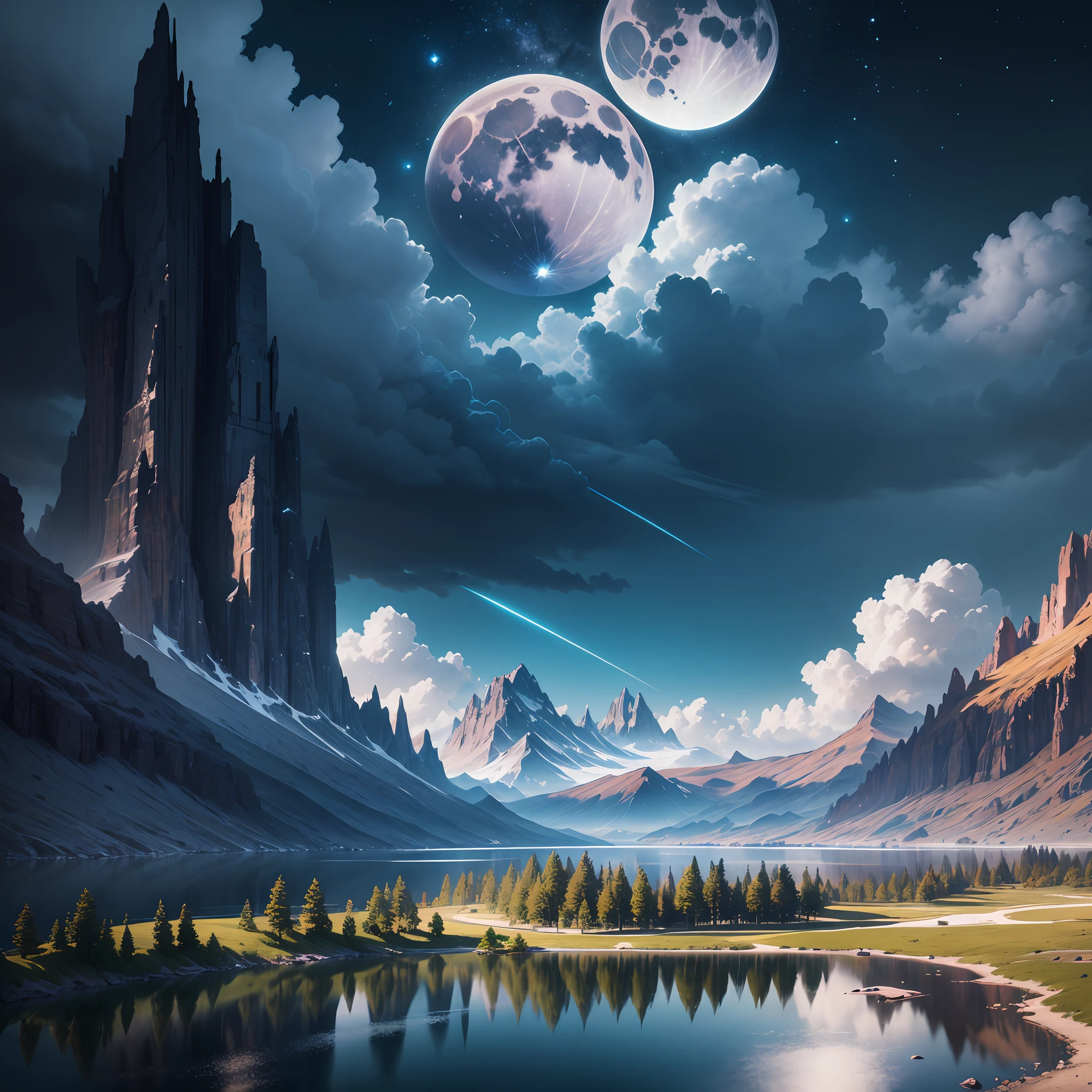 mountains and a lake with a moon in the sky, 4k highly detailed digital art, 4 k hd wallpaper very detailed, impressive fantasy landscape, sci-fi fantasy desktop wallpaper, unreal engine 4k wallpaper, 4k detailed digital art, sci-fi fantasy wallpaper, epic dreamlike fantasy landscape, 4k hd matte digital painting, 8k stunning artwork