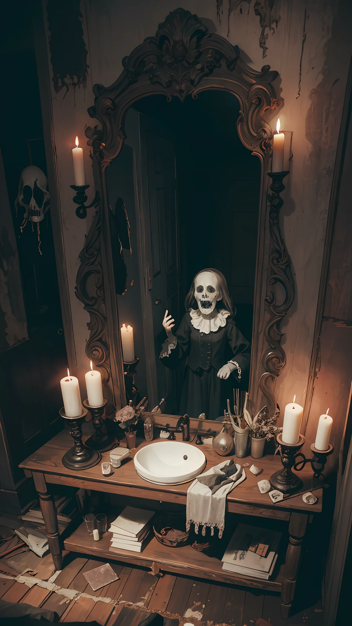 Haunted graveyard，Sinister shadows，Creepy abandoned house，Malevolent spirits，Bloodcurdling screams，Cursed dolls，Terrifying clowns，Macabre rituals，Grave robbers，Chilling whispers，Possessed mirrors，Haunted paintings，Creaking floorboards，Mysterious disappearances，Forbidden rituals