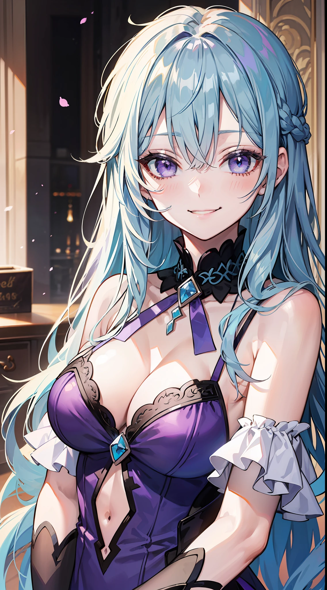 Young girl, long light blue hair, purple eyes, smirk, purple princess dress, chest neckline, masterpiece, high quality