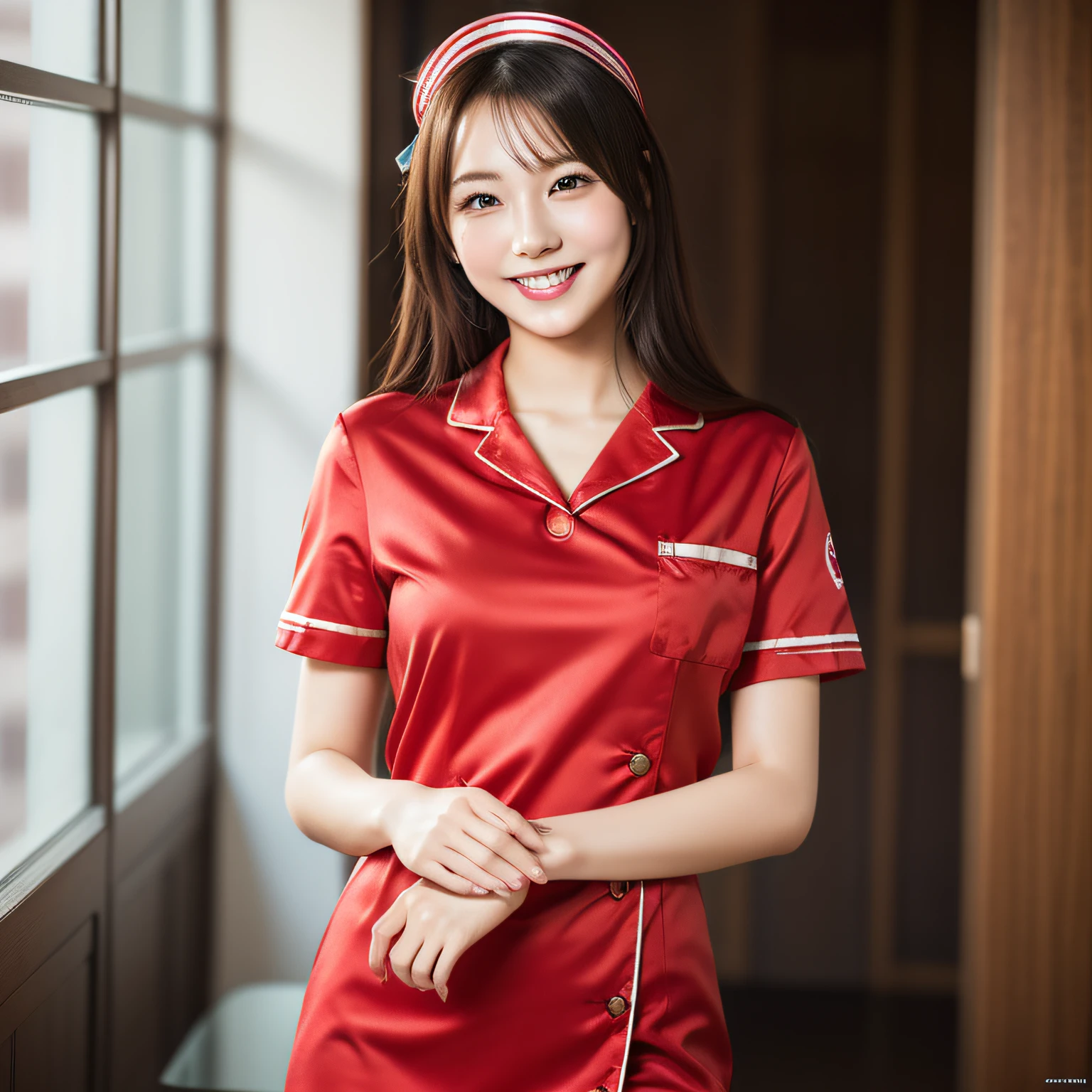 (extremely detailed CG unity 8k wallpaper, masterpiece, best quality, ultra-detailed), 19 year old Japanese woman, wearing tight red silk nurse uniform, cute, smiling, sexy pose