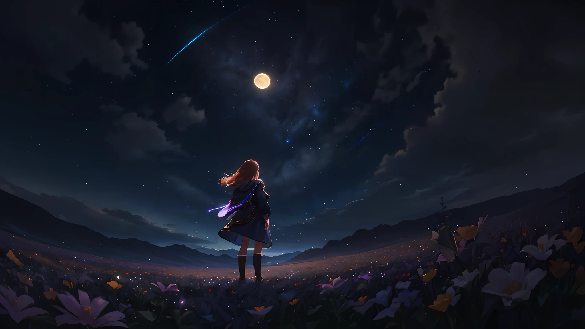 A wide landscape photo, (viewed from below, the sky is above, and the open field is below), a girl standing on a flower field looking up, (full moon: 1.2), (meteor: 0.9), (nebula: 1.3), distant mountains , Trees BREAK Crafting Art, (Warm Light: 1.2), (Firefly: 1.2), Lights, Lots of Purple and Orange, Intricate Details, Volumetric Lighting BREAK (Masterpiece: 1.2), (Best Quality), 4k, Ultra Detailed, (Dynamic Composition: 1.4), Rich in Detail and Color, (Rainbow Color: 1.2), (Glow, Atmospheric Lighting), Dreamy, Magical, (Solo: 1.2)