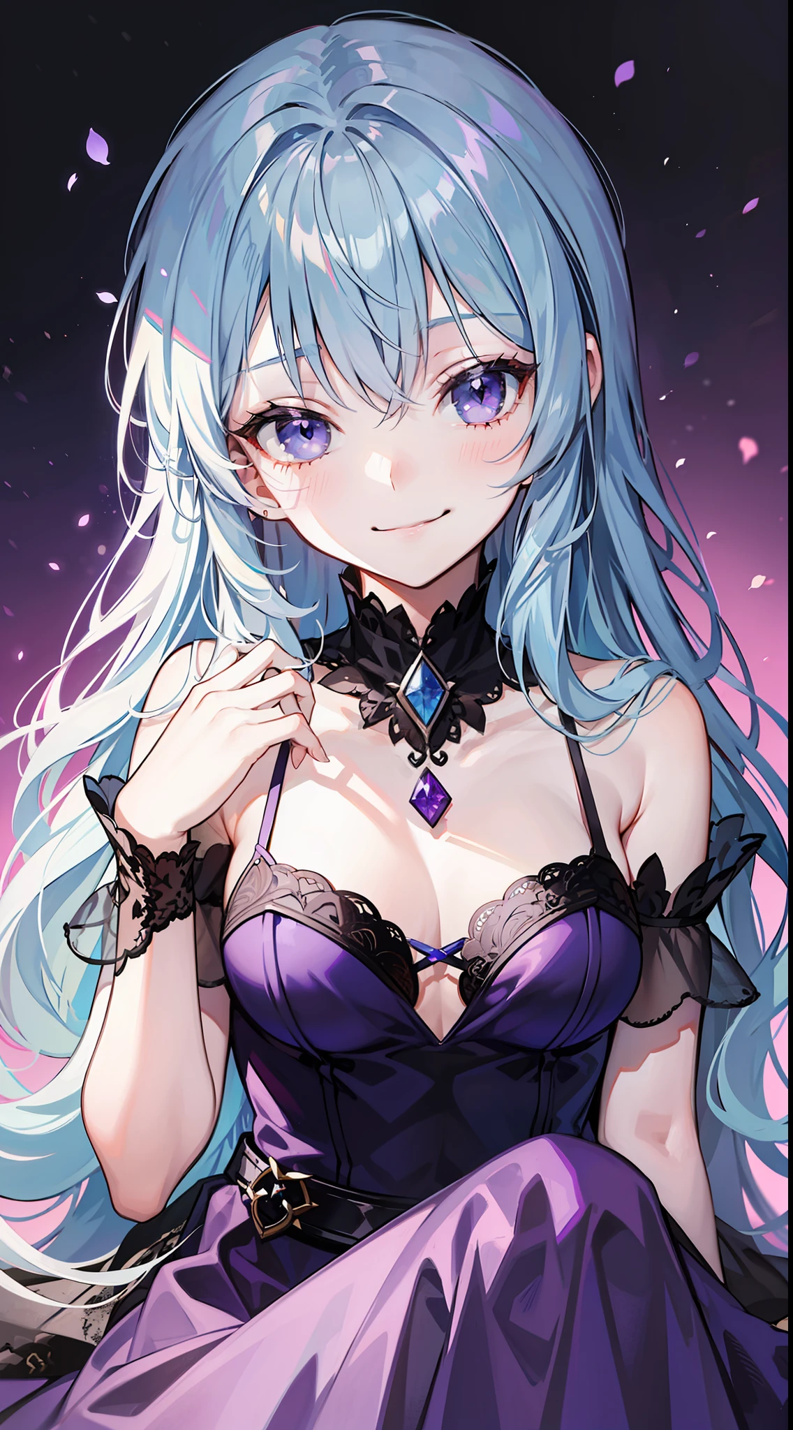 Young girl, long light blue hair, purple eyes, smirk, purple princess dress, chest neckline, masterpiece, high quality