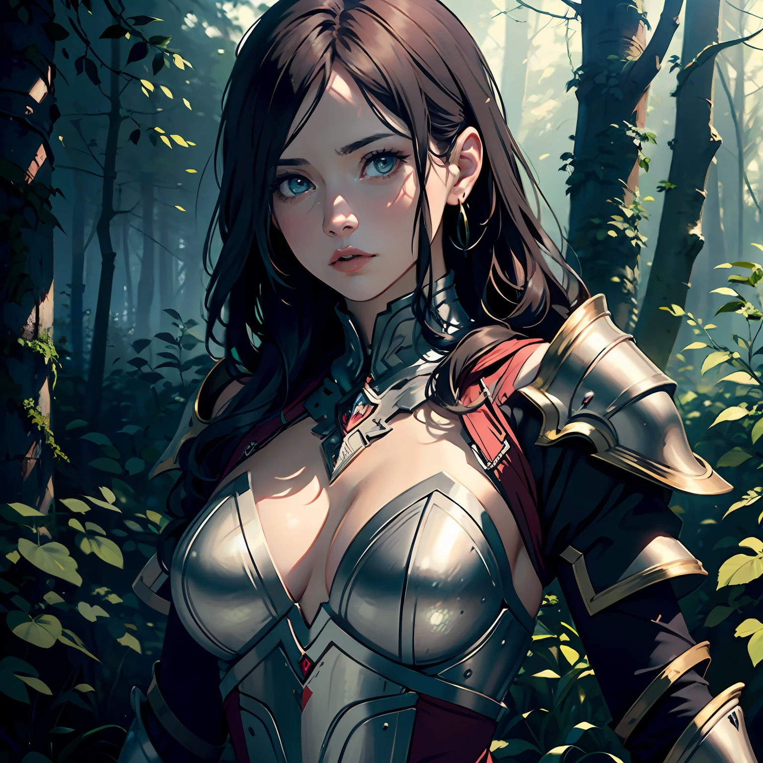 1 woman close up, epic fantasy armor. dramatic lighting, perspective, full background, depth of field, forest, (photorealistic, realistic, Paolo Roversi)