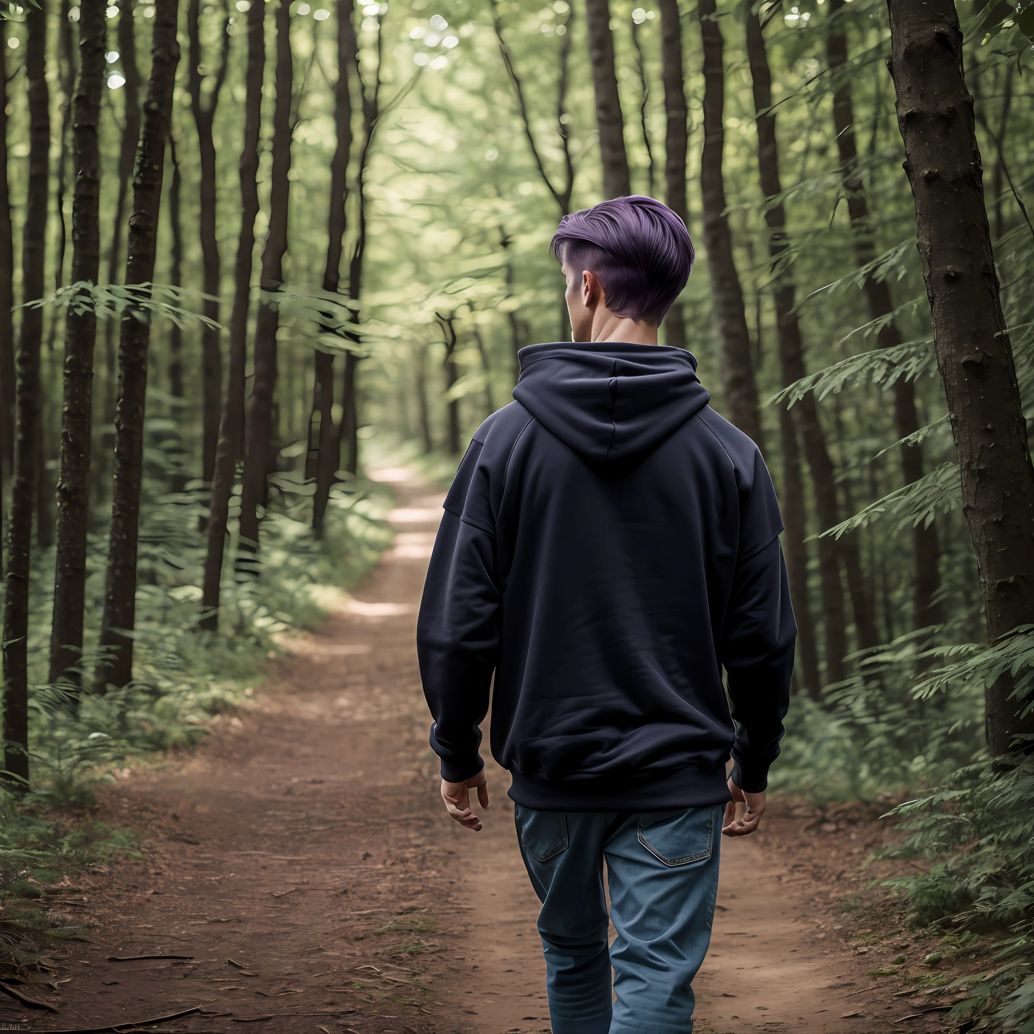 (8k, RAW photo, best quality, masterpiece: 1.2), ultra detailed, official art, photo-realistic: 1.37, upper body,1 purple haired man with purple locks,taper fade haircut,back,with a black sweatshirt,walking through a forest --auto