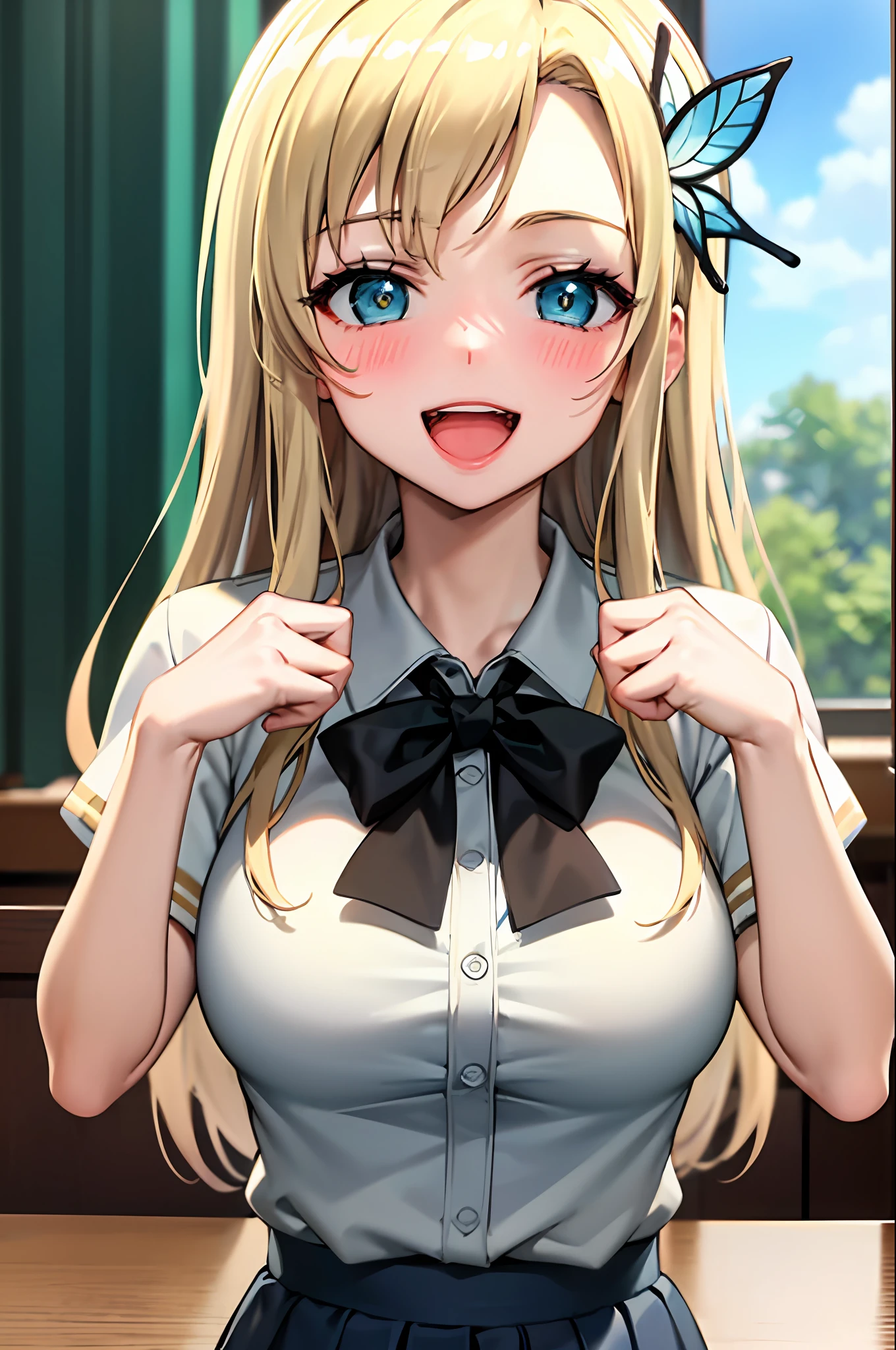 (best quality:1.1), (masterpiece:1.4), (absurdres:1.0), portrait, close-up,
1girl, kashiwazaki sena, butterfly_hair_ornament, blonde_hair, long hair, school uniform, large breasts, looking at viewer, classroom, open_mouth, (blush:1.2), smile, aqua eyes,