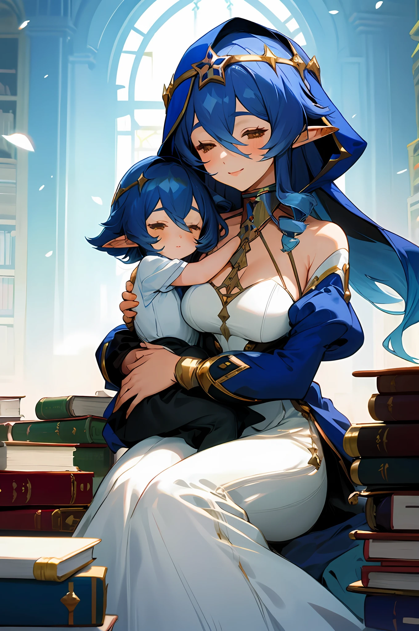anime image of two women dressed in dress posing for a picture like arabic library clothes in summer, beautiful decoration on dress, palace a girl in palace,medium hair, blue haired , anime fantasy illustration, from the azur lane videogame, genshin, layla detailed art, two beautiful anime girls, mother and child, symbol of maternal love, mother and child, such as photos of mother and child, smile, School library, elf, long ears, book, stack of books