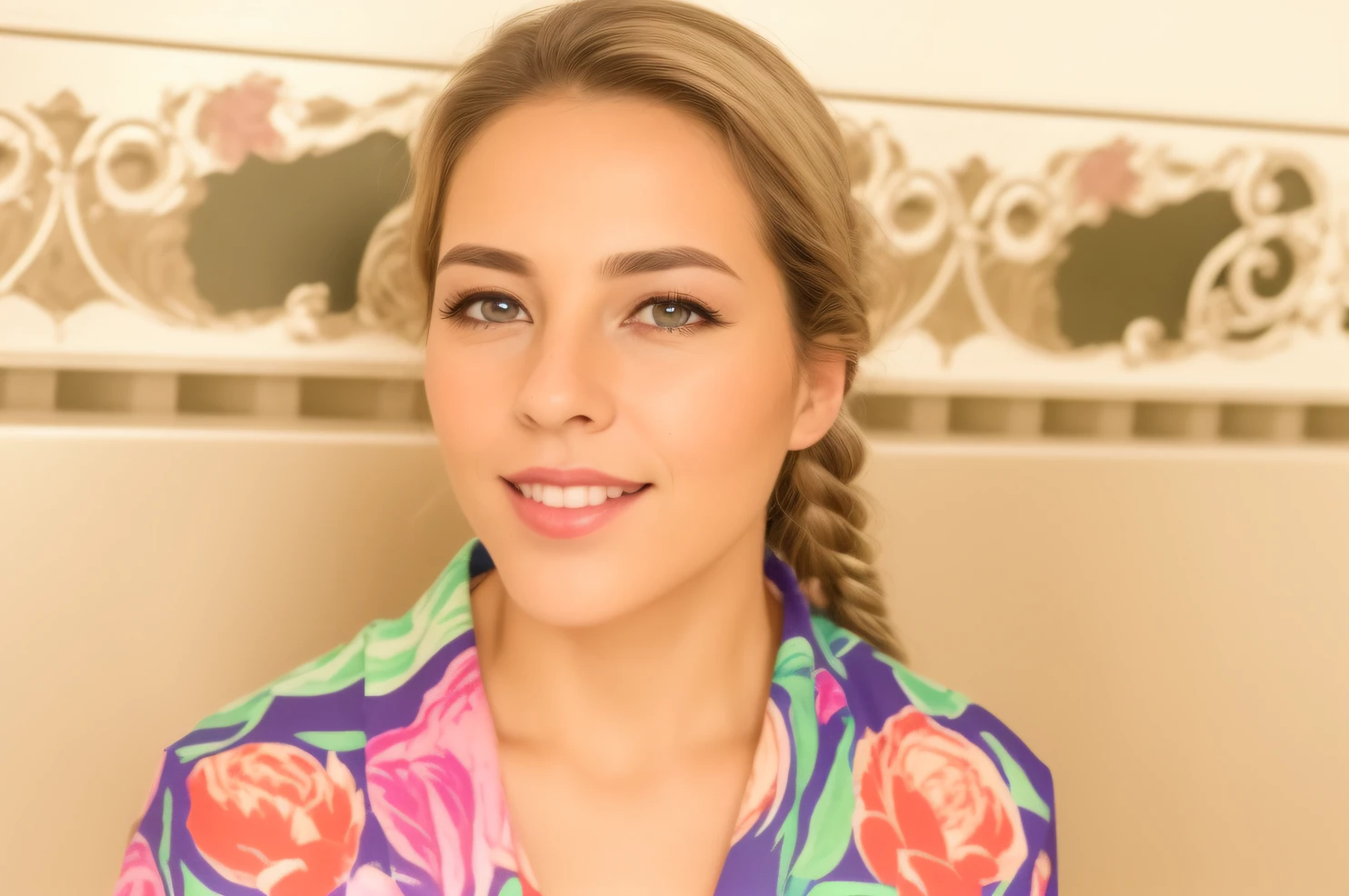Best quality mature woman of 48 years, ((keep eyes, nose and mouth intact without digital manipulation)) masterpiece, white hair, golden eyes, white clothes, looking up, upper body, lock of hair, fair skin, side braids, brown eyes.  ((8K, best quality, masterpiece, ultra high res, (photorealistic: 1.4), raw photo, (authentic skin texture: 1.3), (film grain: 1.3), (selfie angle), 1girl, beautiful detailed eyes and face, masterpiece, best quality, close-up, top body, ))