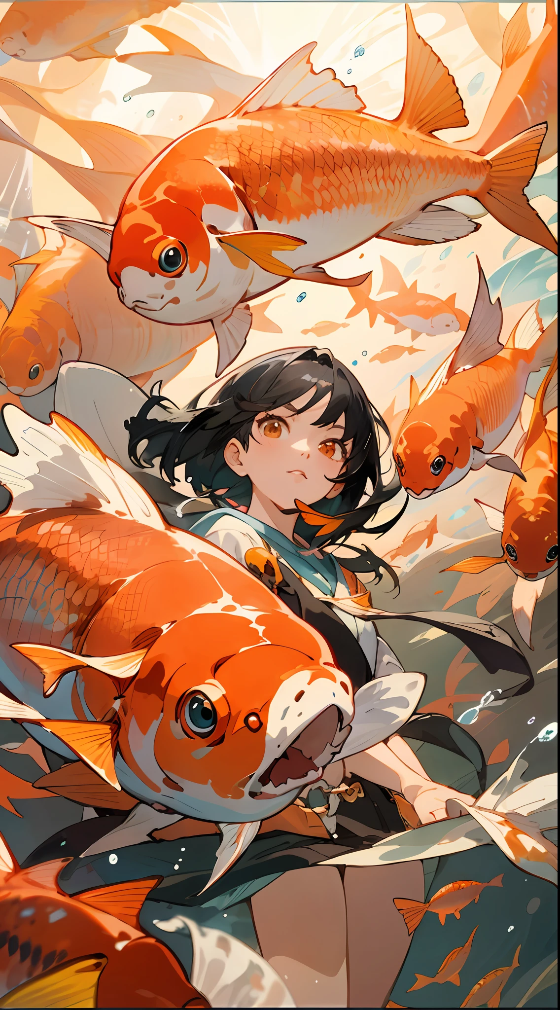 Anime girl in water surrounded by orange fish, with bubbles, beautiful anime artwork, anime fantasy illustration, anime illustration, beautiful artwork illustration, Artstation pixiv trend, anime style illustration, beautiful anime art, trending anime art, floating koi, by Yang J, artgerm and atey ghailan, beautiful anime art style, anime style 4k