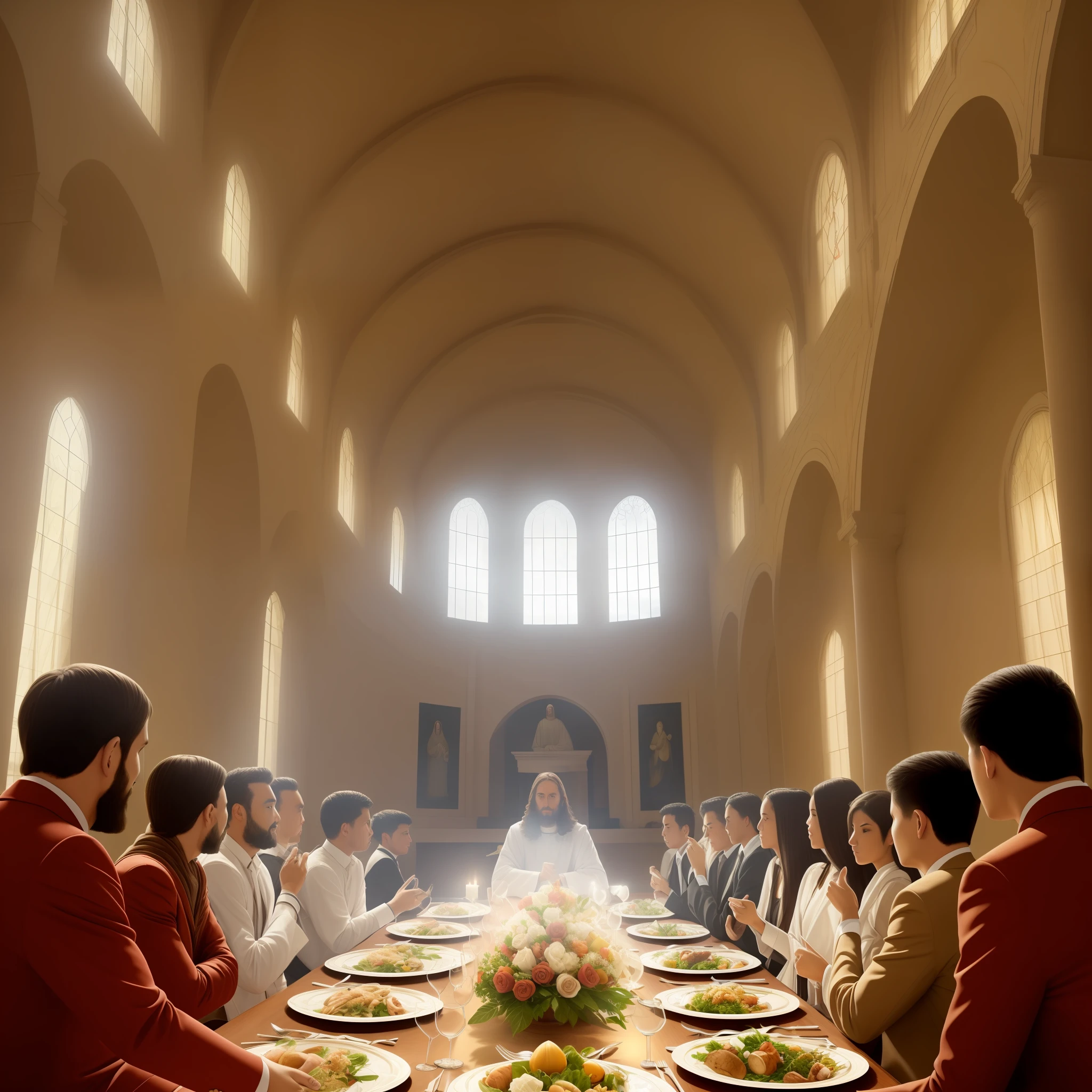 Jesus Christ sitting in front of a large banquet table in heaven, with various kinds of people sitting around