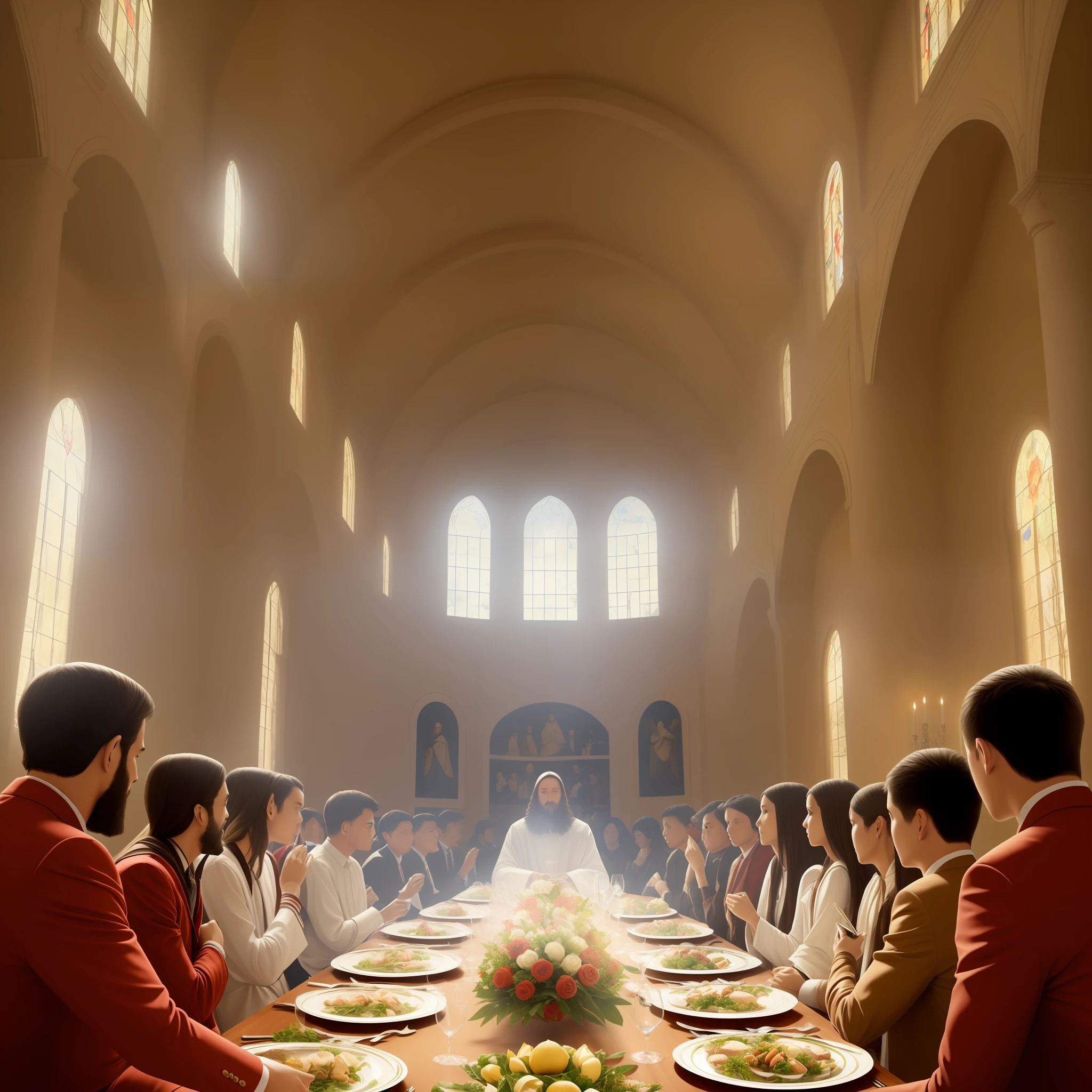 Jesus Christ sitting in front of a large banquet table in heaven, with various kinds of people sitting around
