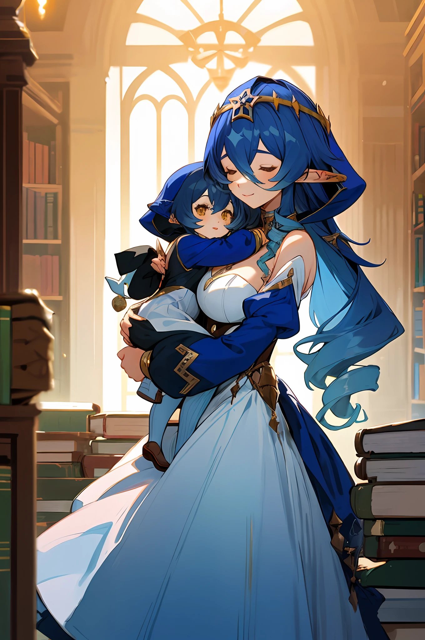 anime image of two women dressed in dress posing for a picture like arabic library clothes in summer, beautiful decoration on dress, palace a girl in palace,medium hair, blue haired , anime fantasy illustration, from the azur lane videogame, genshin, layla detailed art, two beautiful anime girls, mother and child, symbol of maternal love, mother and child, such as photos of mother and child, smile, School library, elf, long ears, book, stack of books, bookshelf