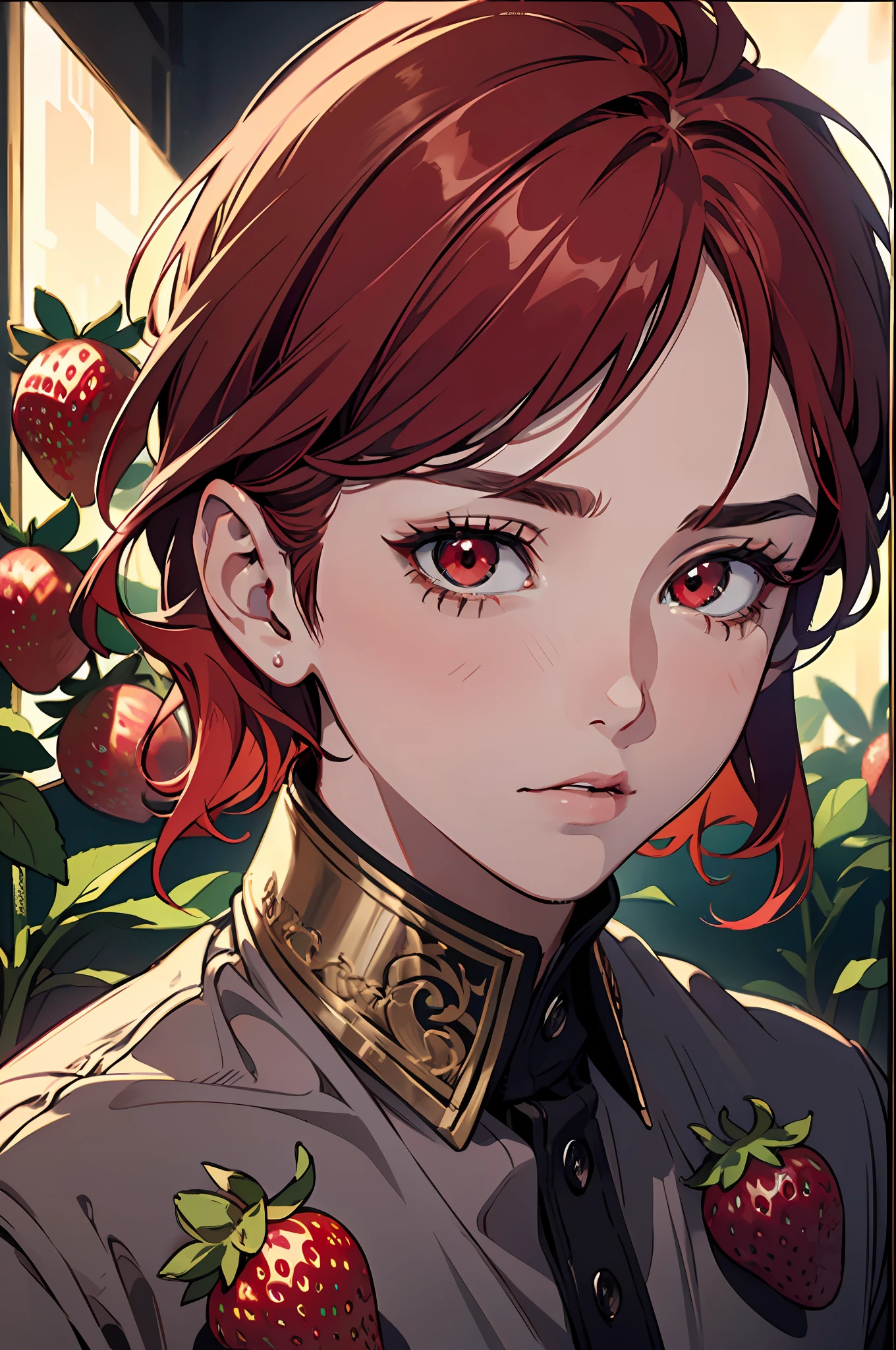 (masterpiece, best quality, ultra-detailed, best shadow), (saturated colors), (detailed background), (best illumination, an extremely delicate and beautiful), ((cinematic light)), hyper detail, dramatic light, intricate details, detailed face, detailed expression, detailed eyes, 1 boy, ((teenager)), strawberry, strawberry farm, red hair, red eyes, shy face