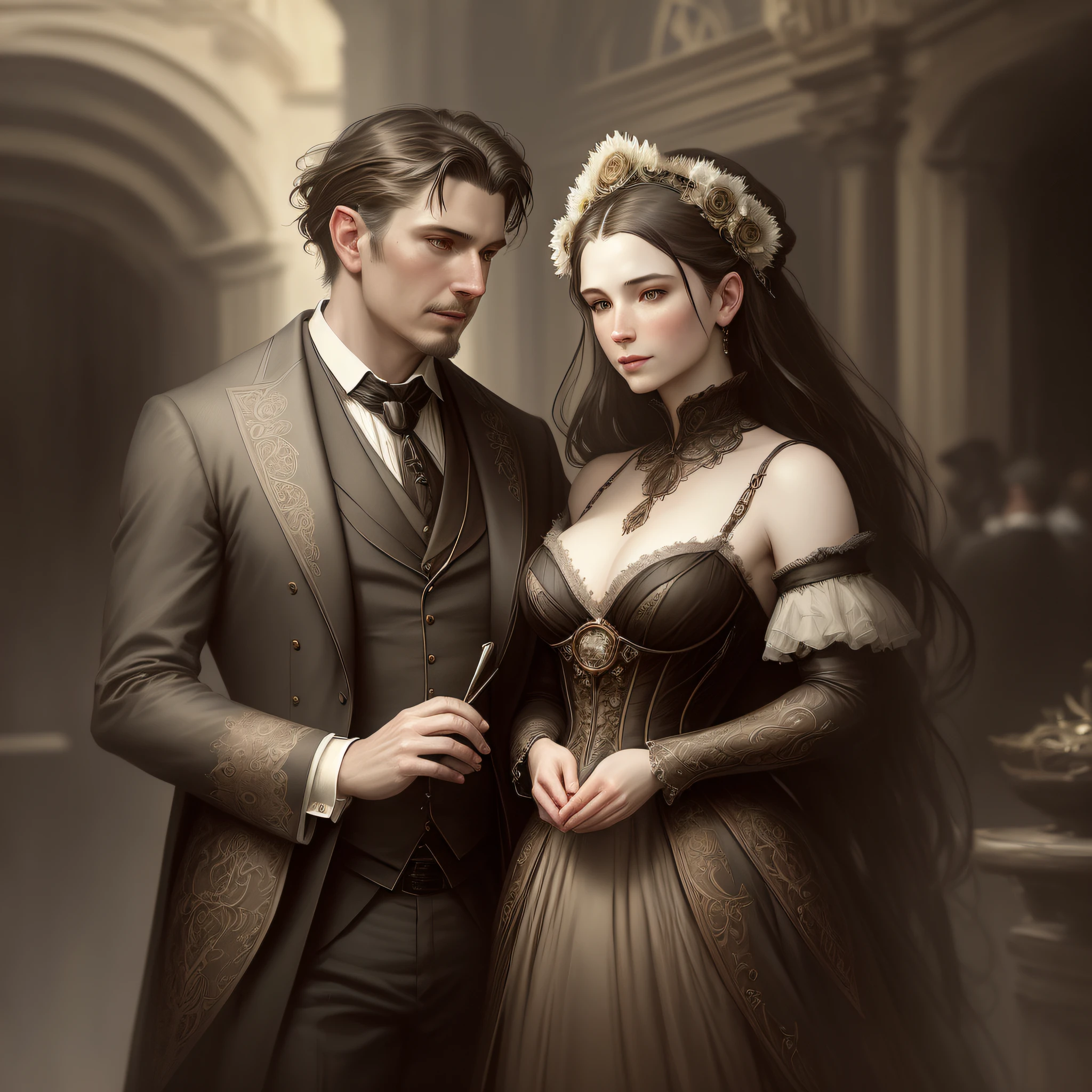 Impossible love; lovers from different castes/classes, maybe even from different species, they are elegantly dressed, intricate, elegant, highly detailed, digital painting, artstation, concept art, smooth, sharp focus, illustration, art by Artgerm and Greg Rutkowski and Alphonse Mucha, instagram model, --auto