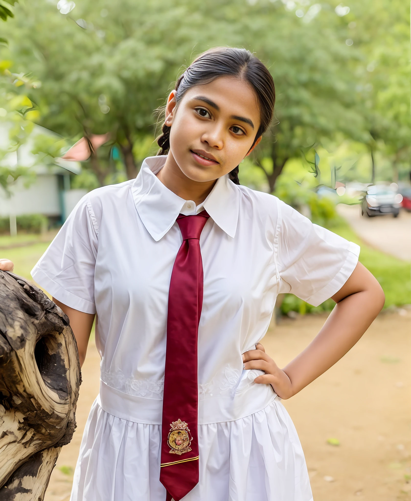 there is a sri lanka 20 years old cute woman wearing a tie, wearing white frock, wearing a school uniform, assamese aesthetic, school girl, dressed as schoolgirl, of a schoolgirl posing, cute schoolgirl, age female schoolgirl, profile pic ,with long hair, girl with plaits,