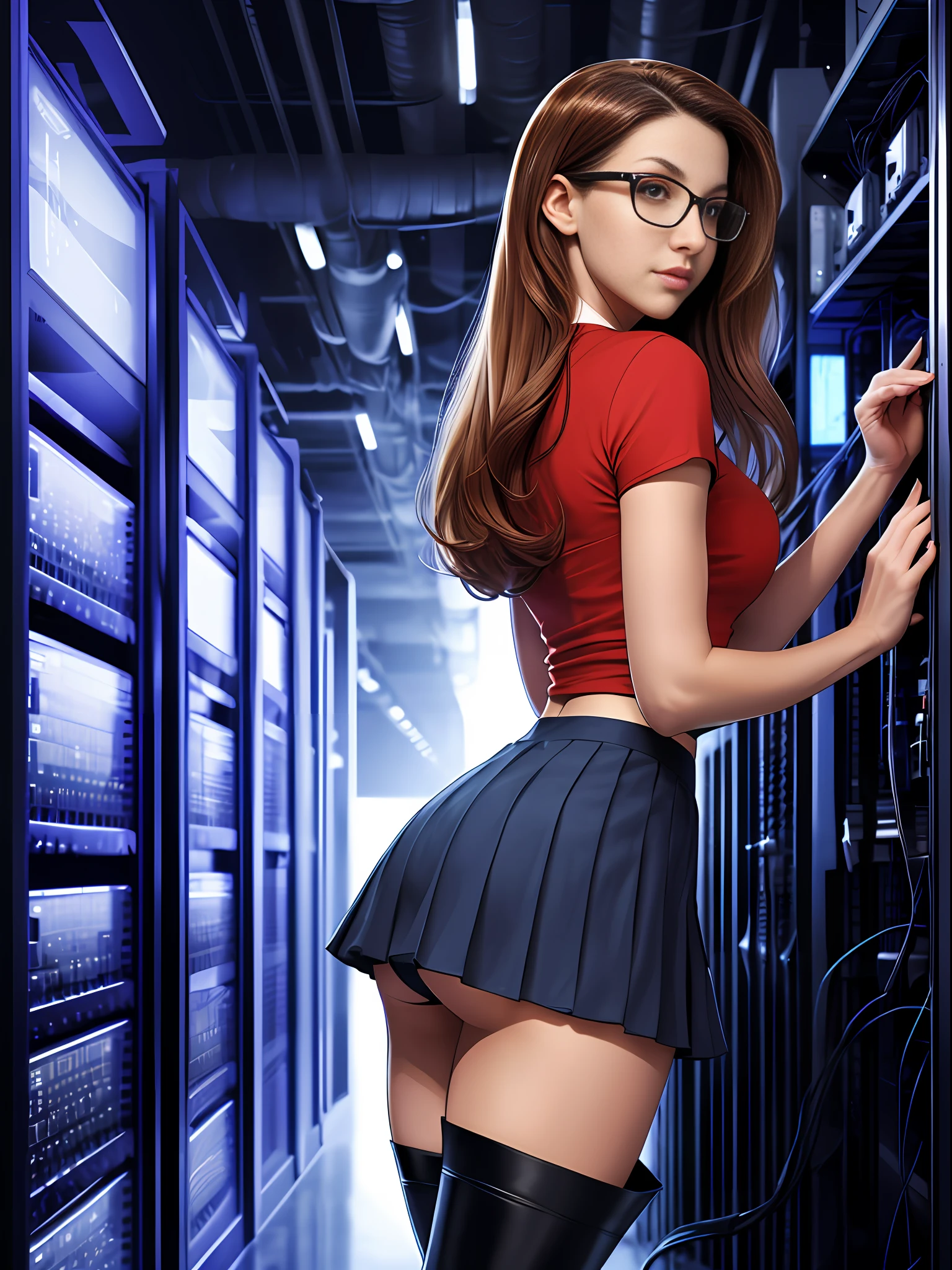 An illustration of a slender provocative woman with innocent face working using a complex computer in a dark, dimly lit server room, ambient lighting, bright light at the edges, screen glow on the body, short (tshirt: 1.2), (pleated low-waisted skirt: 1.2), glasses, from behind, looking to the side, thigh-high boots,  comic book style, (detailed face: 1), strong sketch