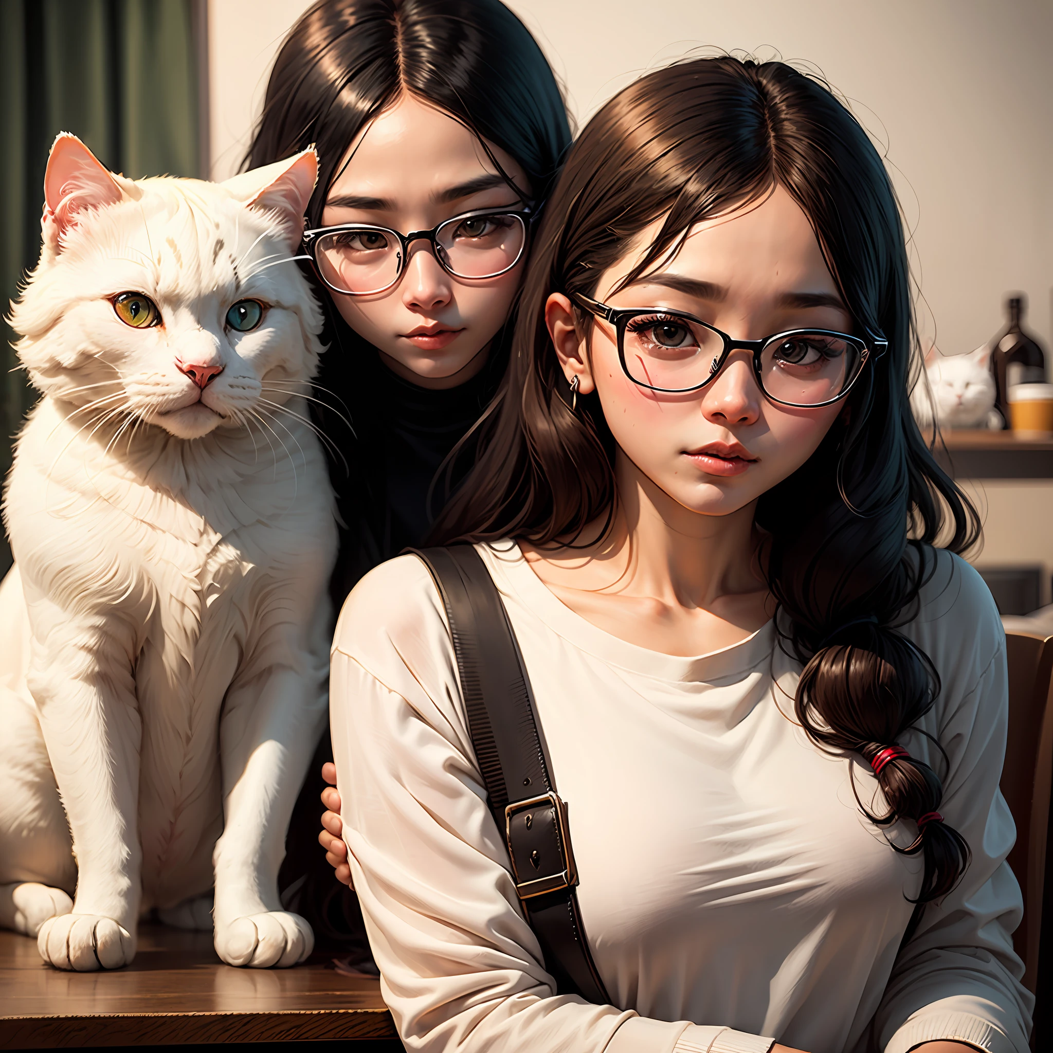 Long hair One eye. Black Hair Wear round glasses and lots of cheeks. Weight 70 kg. There are white cats. --auto