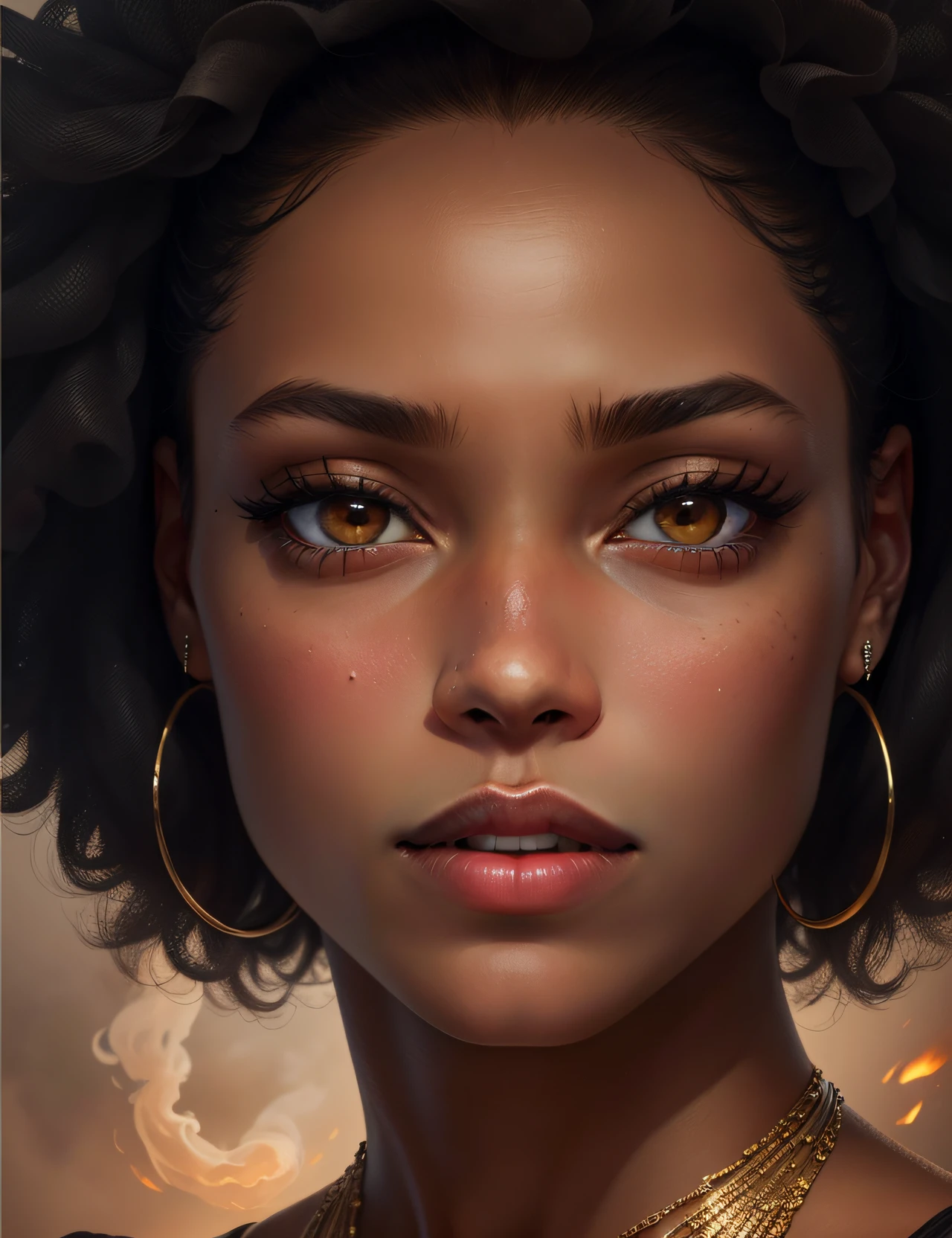 "Image Type: Digital Illustration\n\nDescription: A beautiful black woman with strong and delicate features. Her deep brown eyes are the highlight, reflecting mystery and intensity. Her eyelashes are long, further enhancing the striking look. Her lips are full and delicate, with light tones that contrast with her skin. Her hair is large, in a revolting style, with a brownish hue. Her bust is plentiful and well defined, conveying confidence and beauty. The scene depicts a smoky environment, with embers floating in the air next to the smoke, creating an enigmatic and seductive atmosphere." "art_styles": "surrealism, realism", "art_inspirations": "Ernie Barnes, Kerry James Marshall," "camera": "N/A", "shot": "close-up", "render_related_information": "Use vibrant, contrasting colors to highlight a woman's beauty and create a powerful visual impact. The details of the facial features must be accurately portrayed, capturing the expressiveness and personality of the character. The smoke and embers should be represented in detail, with realistic textures and shades. The lighting should be soft and diffuse, creating an engaging and mysterious mood. The final image should convey the strength, beauty and mystery of this stunning black woman." --auto