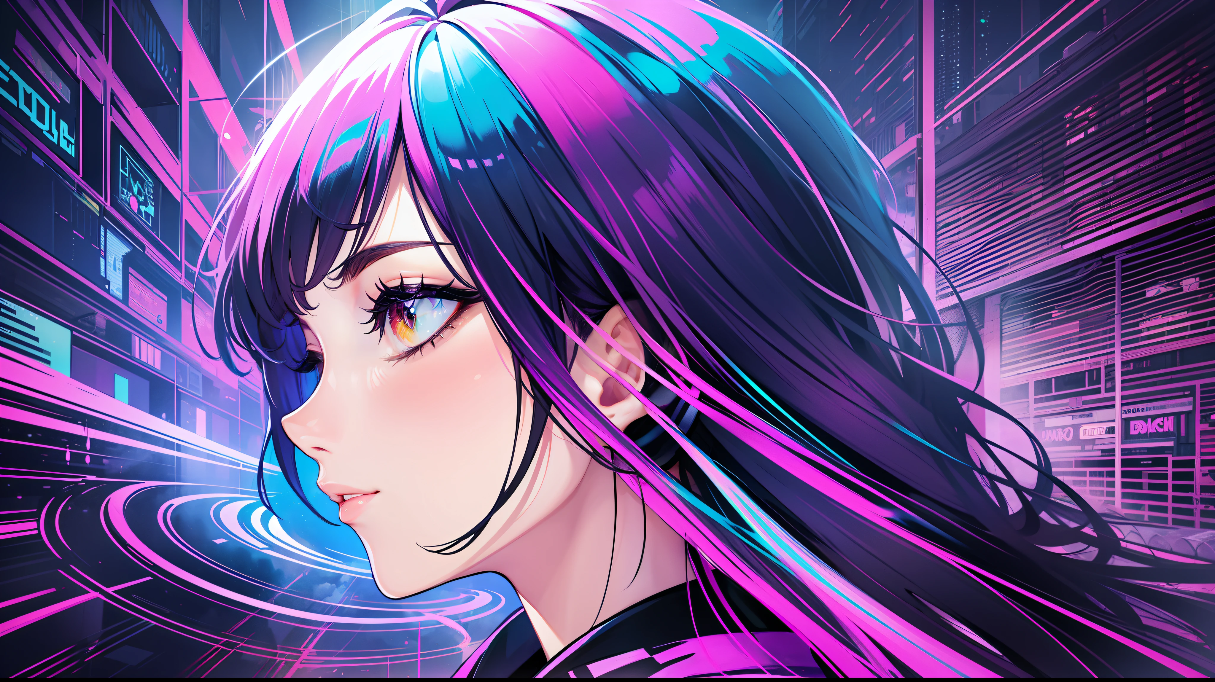 Woman with peace sense headset, closed eyes, beautiful face, RGB colors, bright purple hair, anime, bright background, banner for youtube video, happy girl, clouds with RGB colors, bright RGB colors.