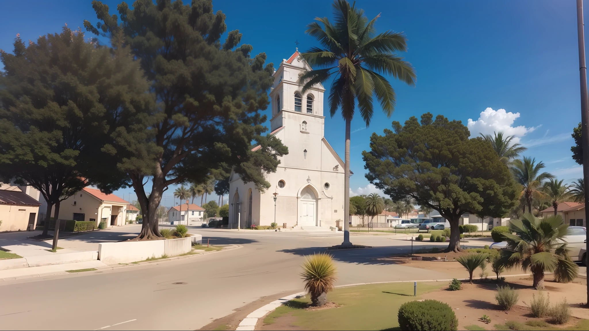 Based on this image, create a new image, this hand-shaped church should be replaced by a church with another architecture, remove the palm tree and put another tree in place, modify the shape of the garden a little, the new image should have a darker setting. --auto --s2