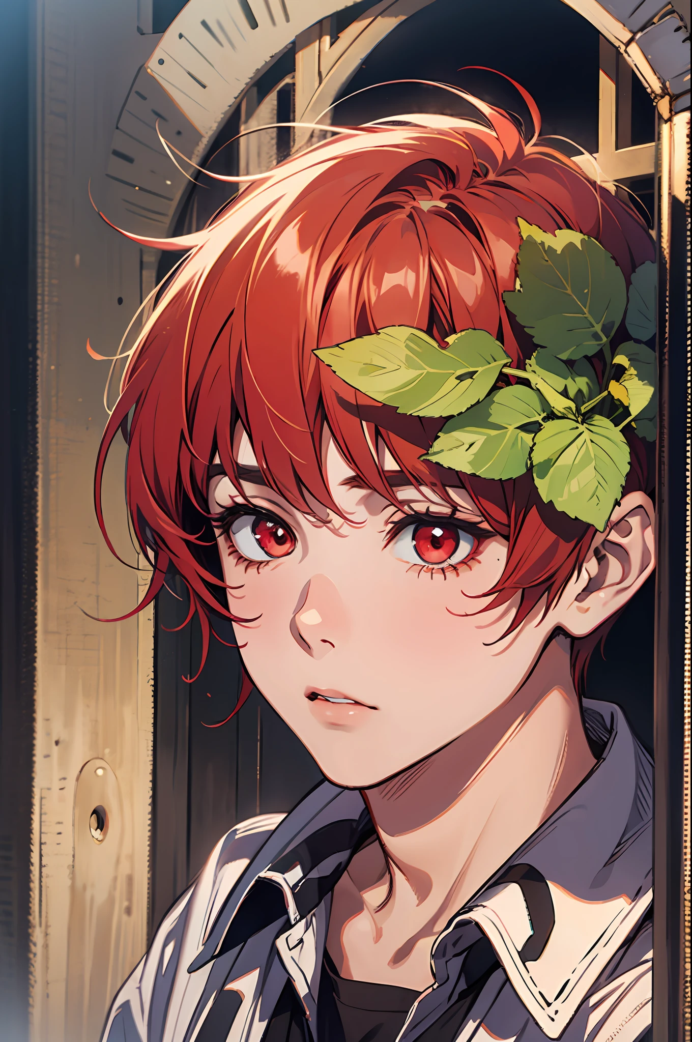 (masterpiece, best quality, best shadow), (detailed background), detailed face, detailed expression, detailed eyes, 1 boy, ager, strawberry, strawberry farm, red hair, red eyes, shy face