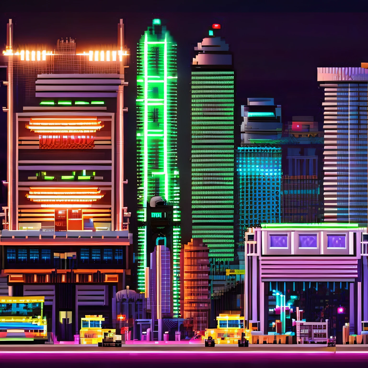 Pixel Art Illustration of a Cyberpunk Cityscape at Night with Skyscrapers, Neon Lights, Billboards, Cars, Theater Marquee, & Electric Wires. Retro Video Game Pixelart City. [Sci-Fi, Fantasy, Historic]