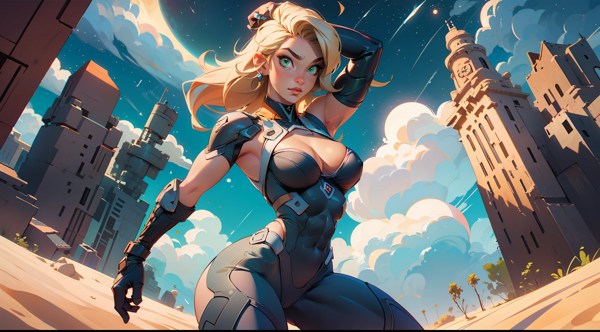 1 girl, ig model, taimanin, ninja, bodysuit, action pose, blonde hair, long hair, green eyes, lewd face, sexy, cleavage, armpits, large breasts, wide hips, thick thighs, muscles, abs, realistic, ray traced, desert, sand, night, stars, moon, clouds