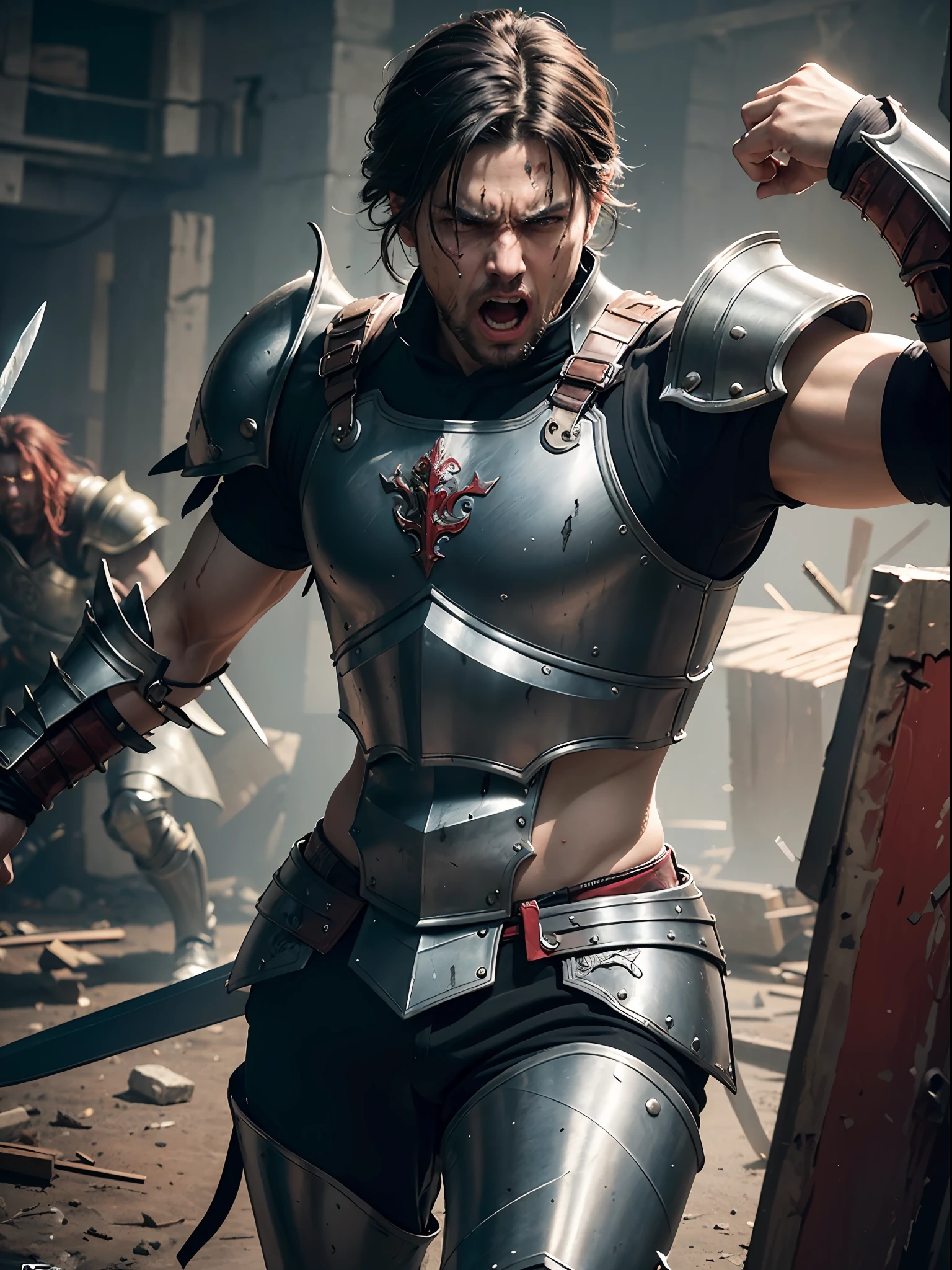 ((masterpiece))), (((best quality))), ((ultra-detailed)), (hyper-realistic), (highly detailed CG illustration), cinematic light, photorealistic, man, fierce warrior roaring in the midst of a chaotic battlefield, damaged armor, broken sword, blood stain on armor, depth of field, HDR, intricate, dramatic