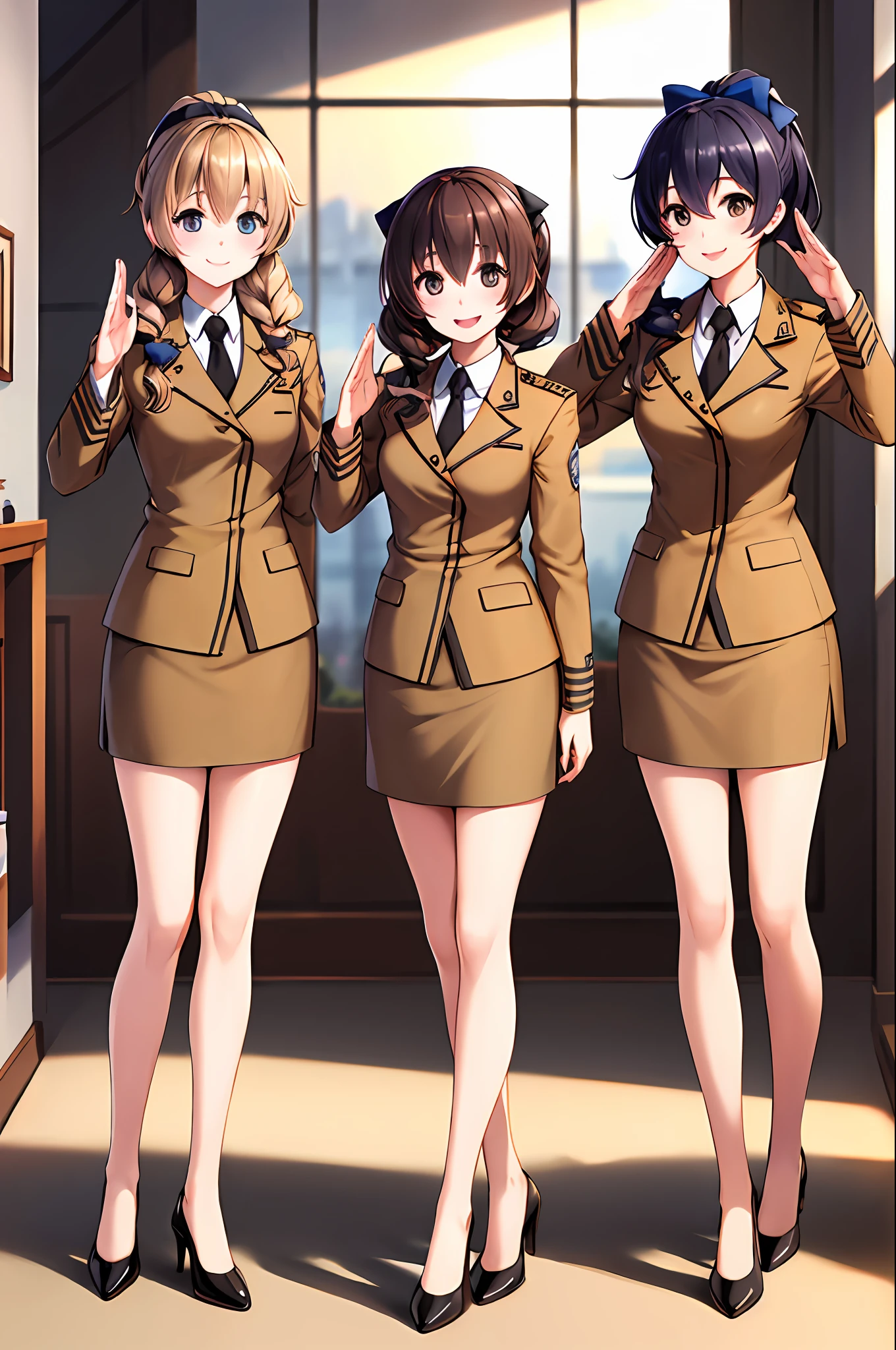 masterpiece, best quality, highres, 3girls, trio, identical sisters, triplets, clones, military uniform, matching outfits, long hair, curly hair, ponytail, matching hairstyle, hazel eyes, brown hair, black necktie, blue bow, brown skirt, salute, smile, indoors, cowboy shot, full body, bare legs, black high heels