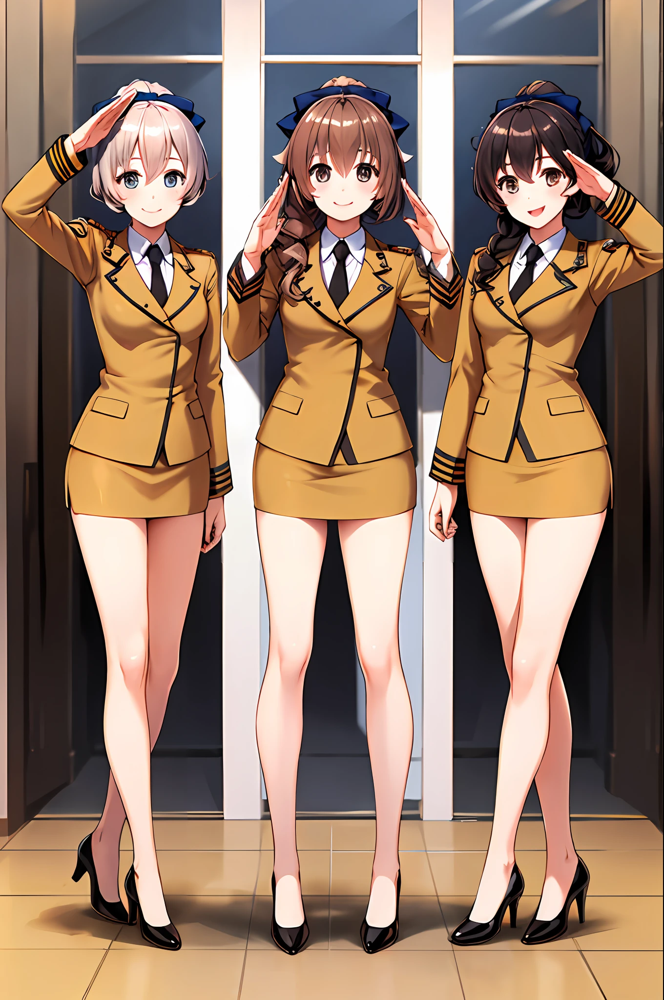 masterpiece, best quality, highres, 3girls, trio, identical sisters, triplets, clones, military uniform, matching outfits, long hair, curly hair, ponytail, matching hairstyle, hazel eyes, brown hair, black necktie, blue bow, brown skirt, salute, smile, indoors, cowboy shot, full body, bare legs, black high heels