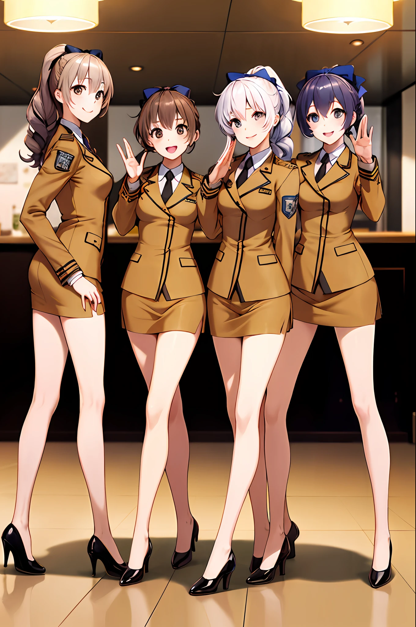 masterpiece, best quality, highres, 3girls, trio, identical sisters, triplets, clones, military uniform, matching outfits, long hair, curly hair, ponytail, matching hairstyle, hazel eyes, brown hair, black necktie, blue bow, brown skirt, salute, smile, indoors, cowboy shot, full body, bare legs, black high heels