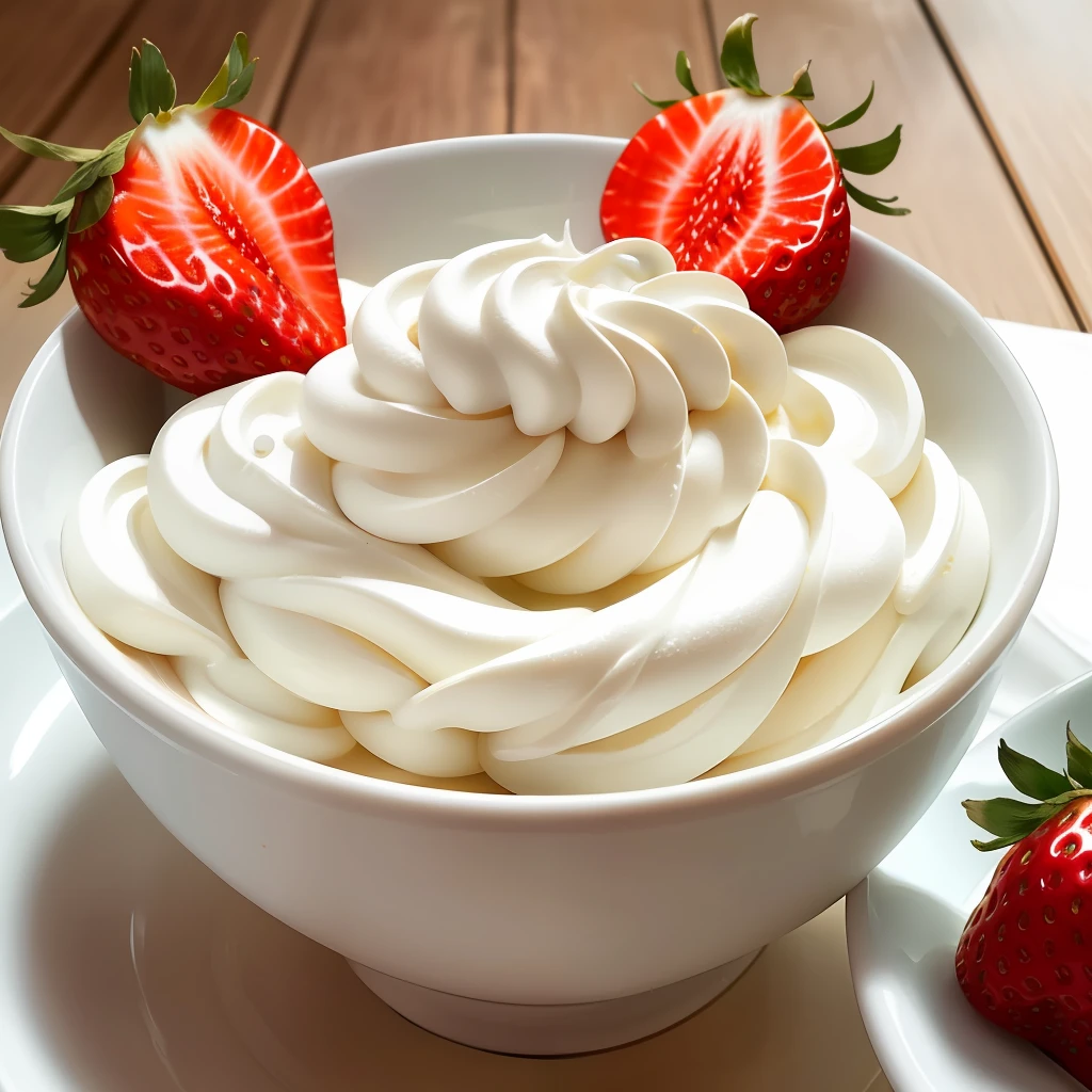 bowl of strawberry's and cream (masterpiece:1.2) (photorealistic:1.2)  (best quality) (detailed skin:1.3) (intricate details) (8k) (HDR) (cinematic lighting) (sharp focus)