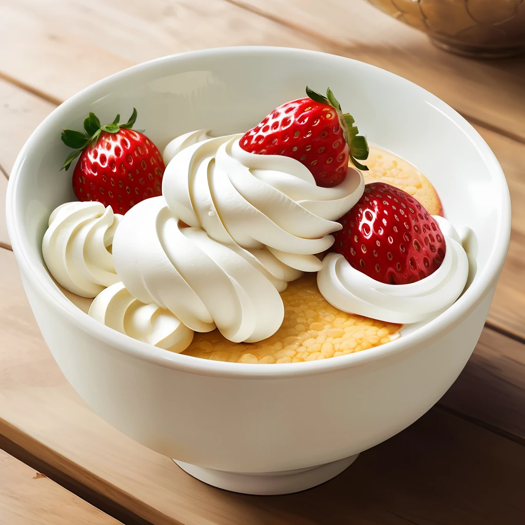 bowl of strawberry's and cream (masterpiece:1.2) (photorealistic:1.2) (best quality) (detailed skin:1.3) (intricate details) (8k) (HDR) (cinematic lighting) (sharp focus)