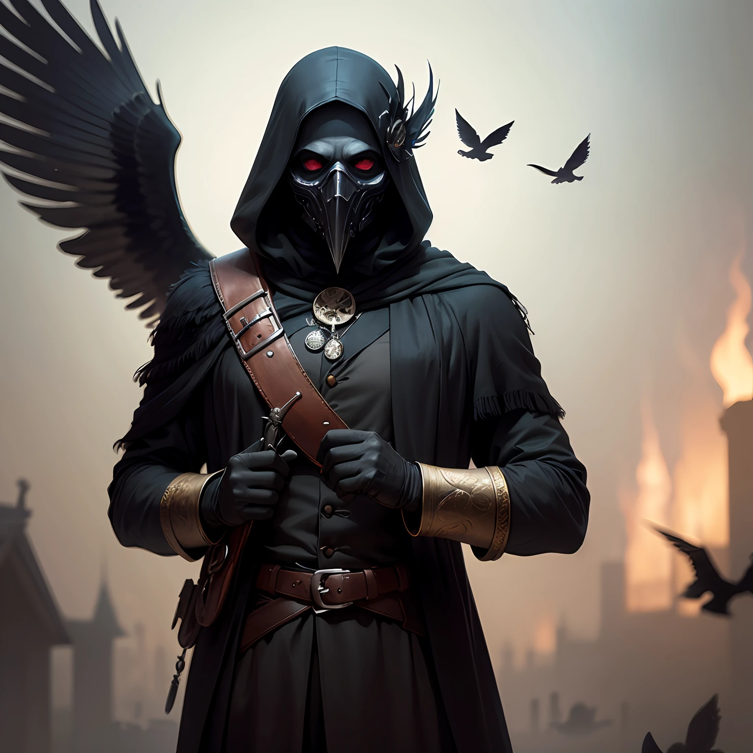 Black Death era doctor with bird mask looking forward with the background of the darkest image --auto