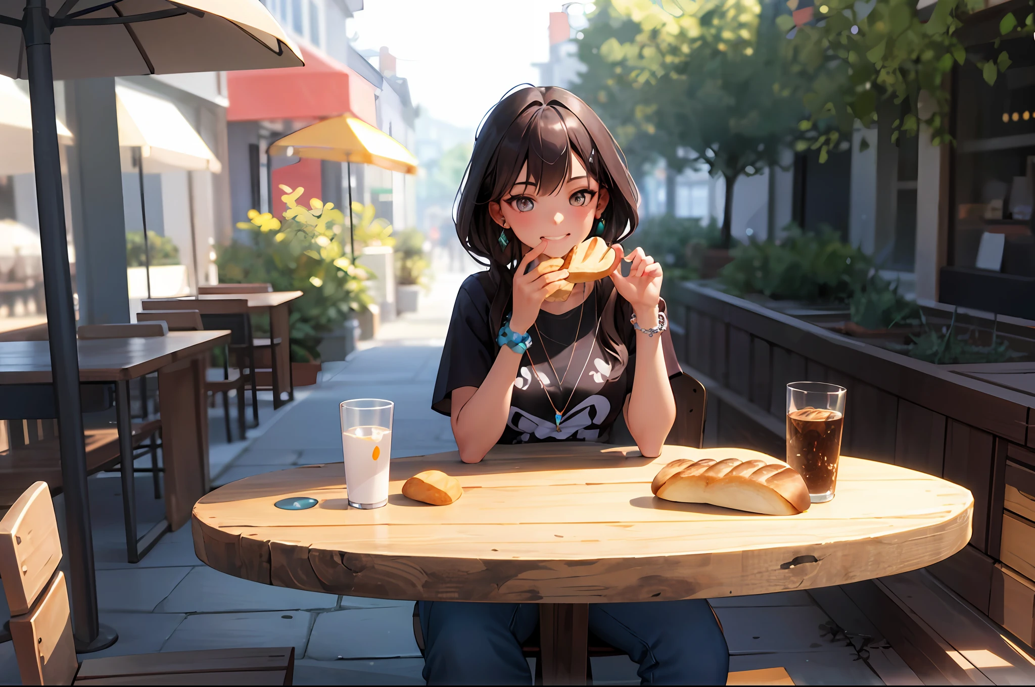 3D rendering of 1 5 year old girl (dark brown skin color) beautiful, afro-alpine, cute smile, ((eating bread on the table)), ((chibi)) wearing t-shirt and jeans, current fashion, long hair tied with princess accessories, ((accessories, earrings and necklace)), street background, sunny day, close-up, product view, detailed facial detail, perfect face, trend art, Crisp facial detail, CGSsociation, ultra high quality digital art, exquisite hyper detail, 4K, 8K soft lighting, dreamy, fashion, unreal engine rendering -
