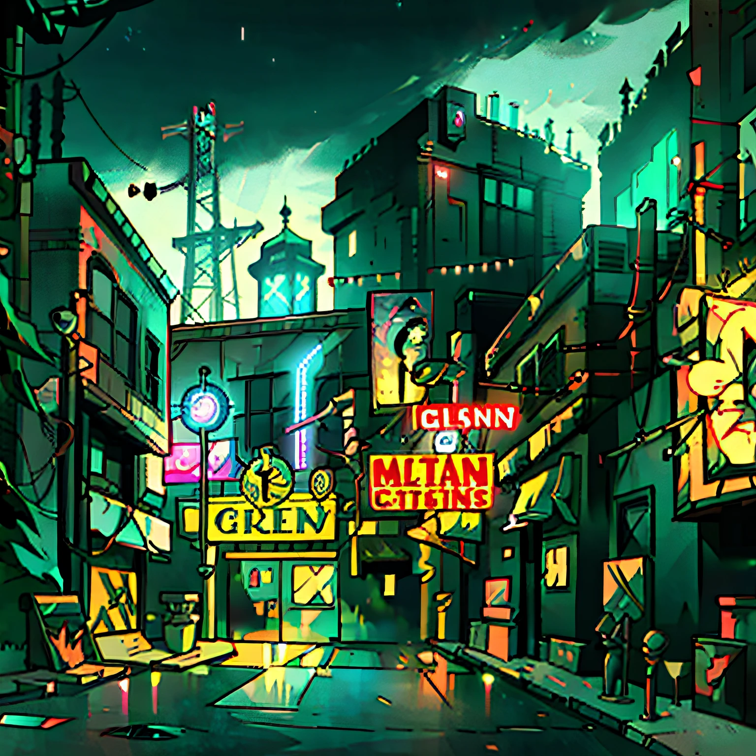 Illustration of a Cyberpunk Cityscape at Night with Skyscrapers, Neon Lights, Billboards, Cars, Theater Marquee, & Electric Wires. Retro Video Game Pixelart City. [Sci-Fi, Fantasy, Historic]