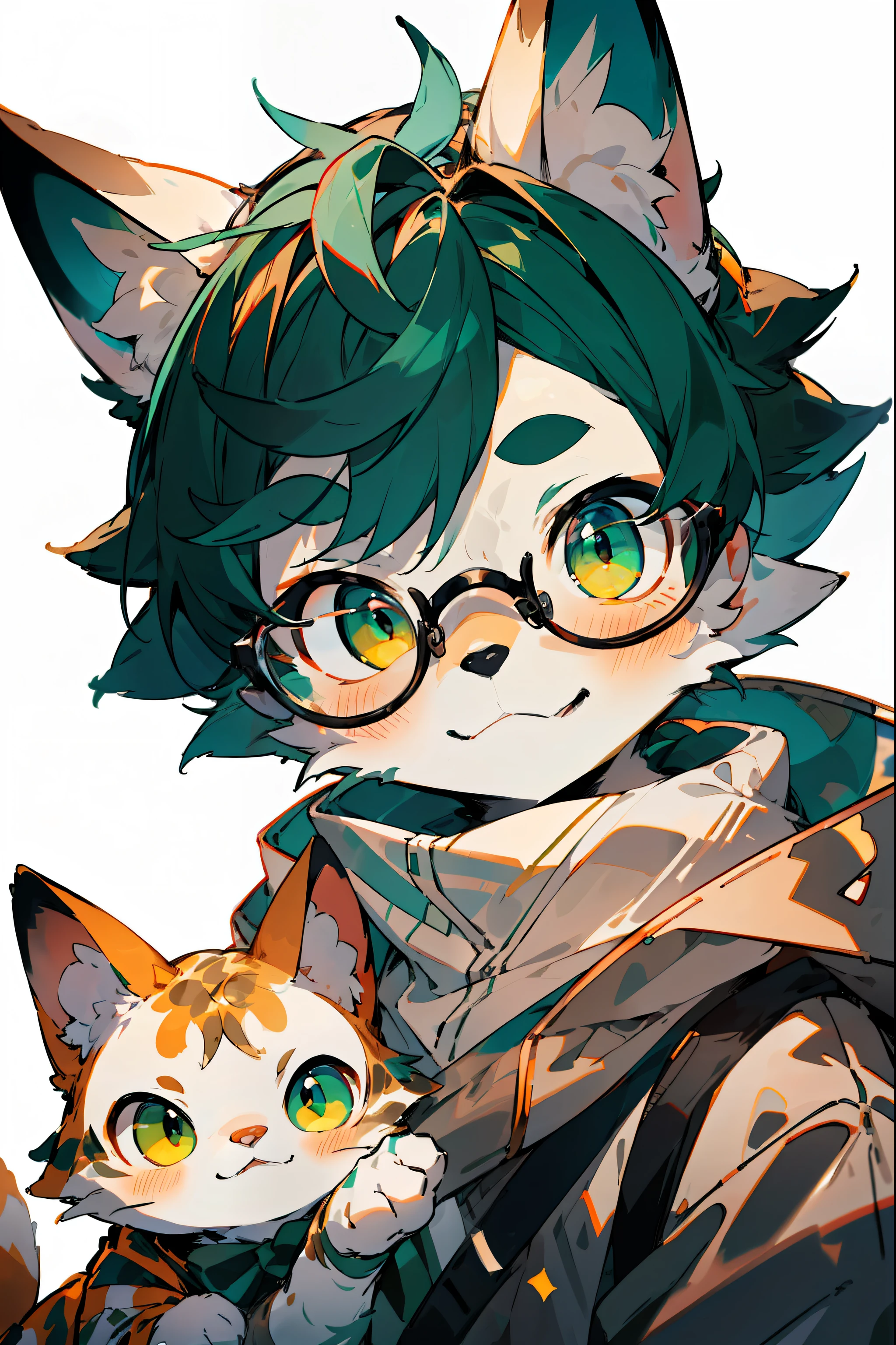 Depth of field, perfect lighting, light particles, (best quality), (masterpiece), (ultra-detailed), sharp focus, light particles, a boy in a white hoodie with black glasses, furry, (blue-green hair), beige background, sticking out tongue, selling cute, blushing, happy expression, (white animal cat ears), golden eyes
