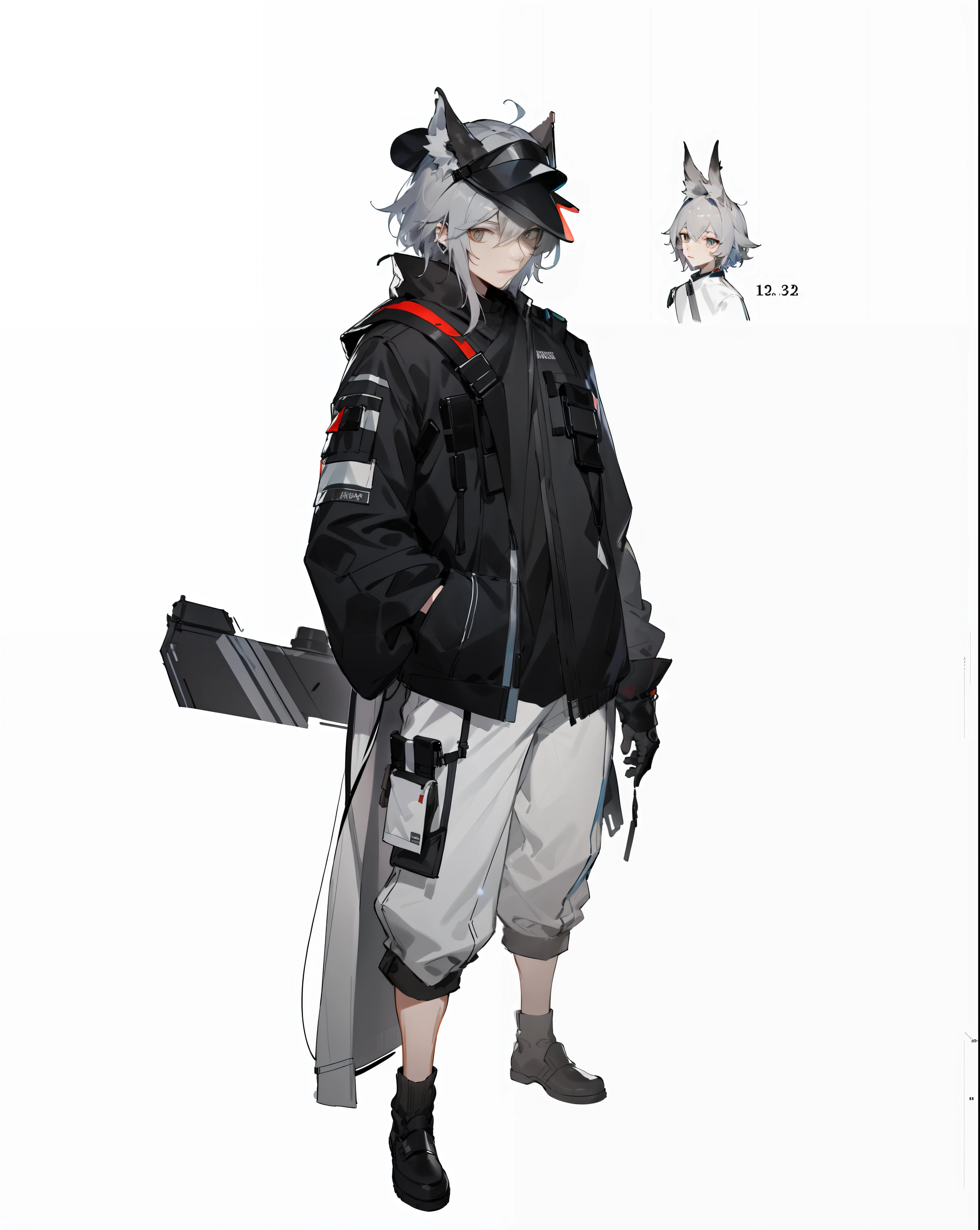 1 Young Male, Character Sheet, Concept Art, Full Body, (Masterpiece: 1.2), (Best Quality: 1.3), 1 Male, Standing, Punk, Silver-gray hair color, Face Delicate, Ark of Tomorrow, Arknights