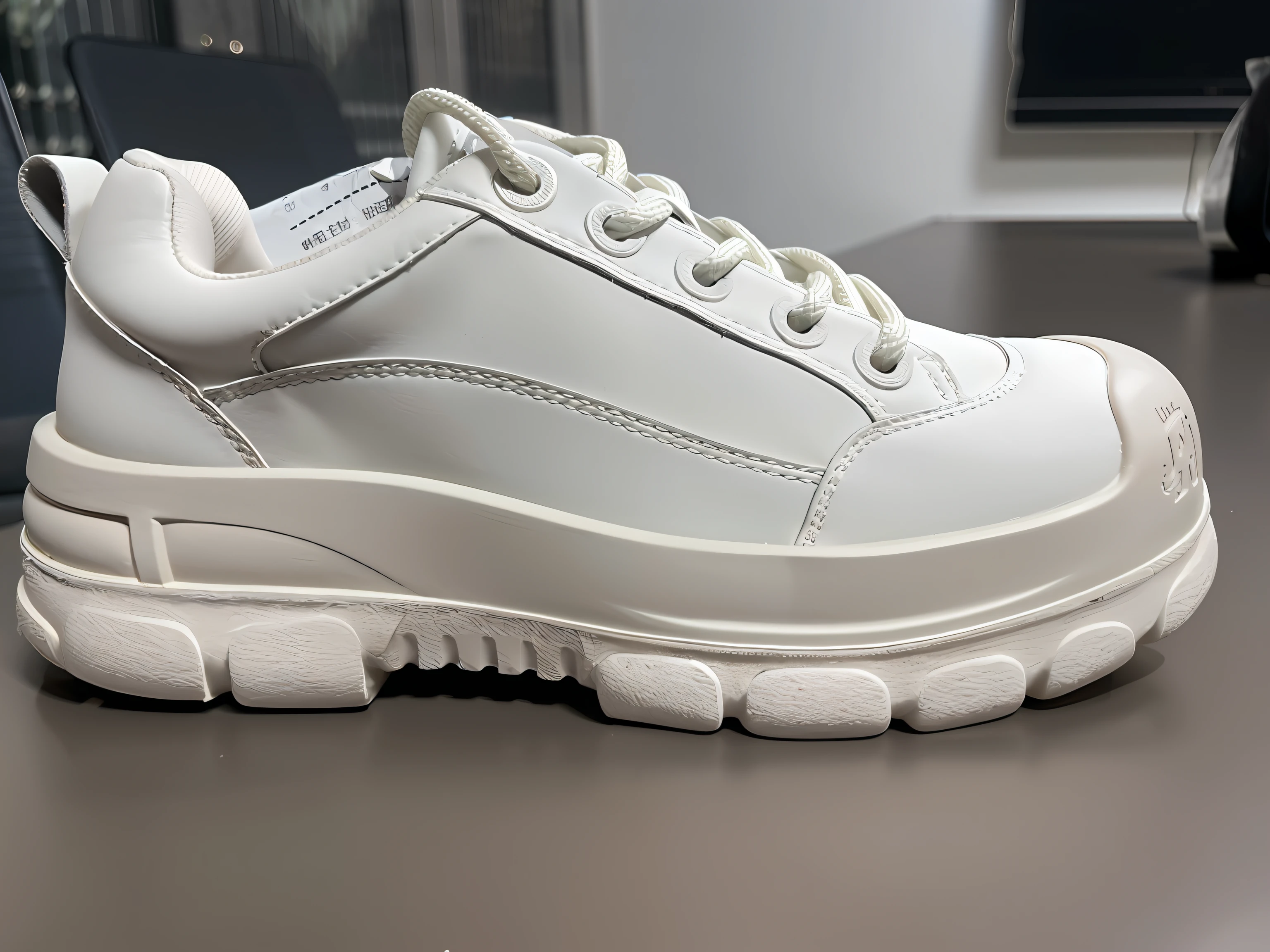 a close up of a white shoe on a table with a computer, front side views full, whole shoe is in picture, white shoes, white soft leather model, 2020, 2 0 2 0, triple white colorway, gum rubber outsole, focus on sneakers only, sneaker design, 2 0 2 1, 2021, sneaker shoes