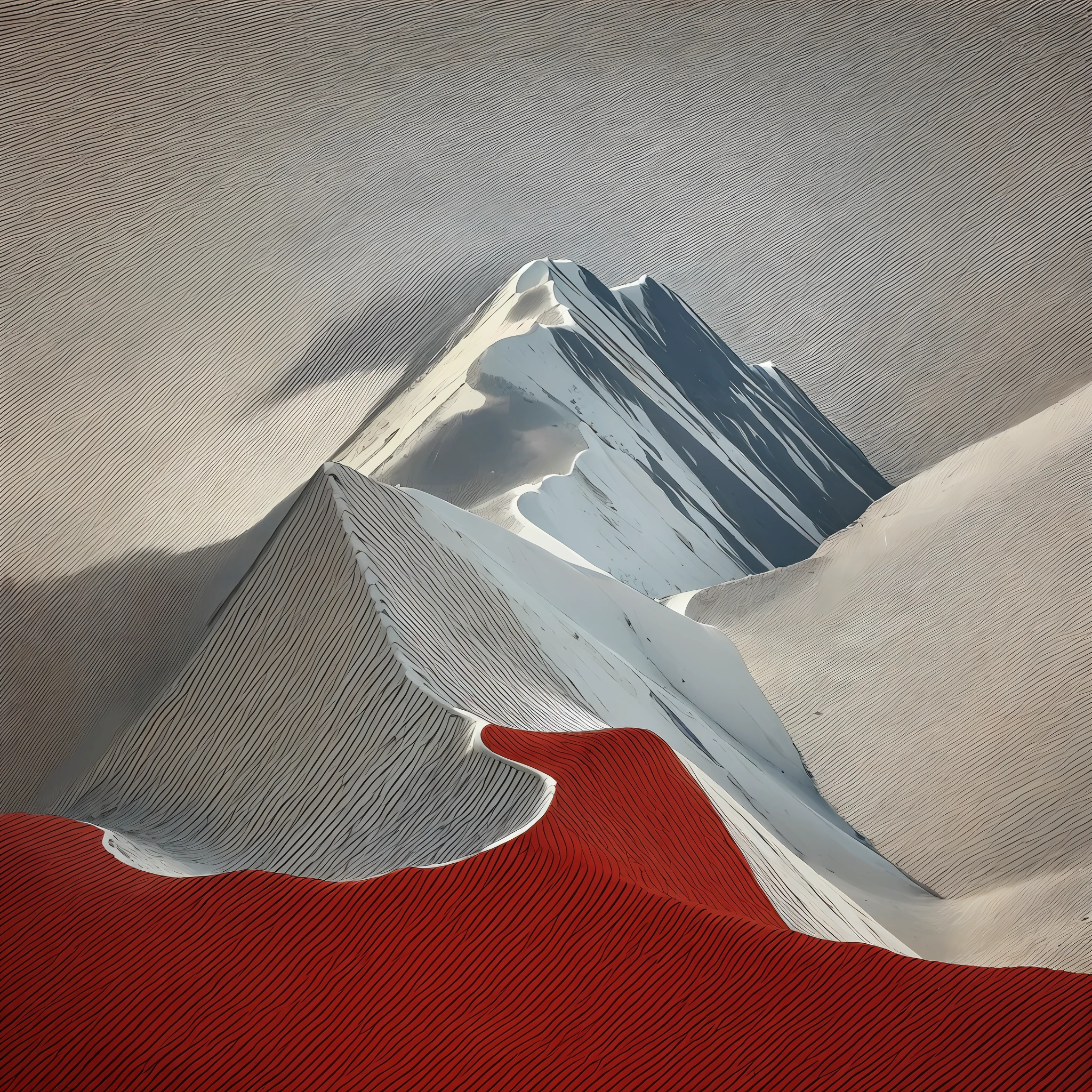 mountains with red flags at the tip and white background