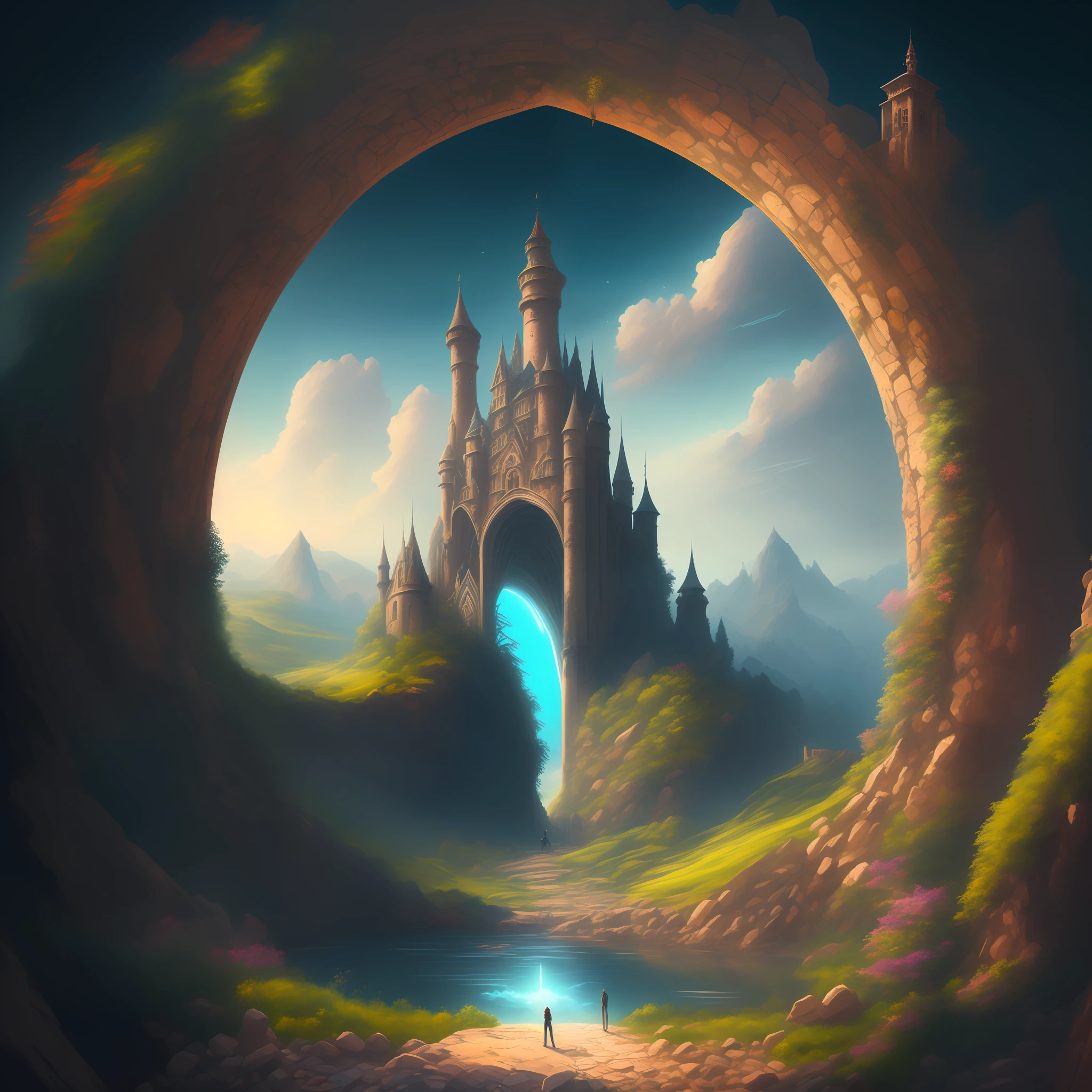 a painting of a castle in the middle of a mountain, world seen only through a portal, detailed dreamscape, portal to another world, detailed fantasy digital art, impressive fantasy landscape, fantasy highly detailed, wide angle fantasy art, highly detailed fantasy art, gateway to another universe, painting of a dreamscape, dream portal, magic portal in the sky