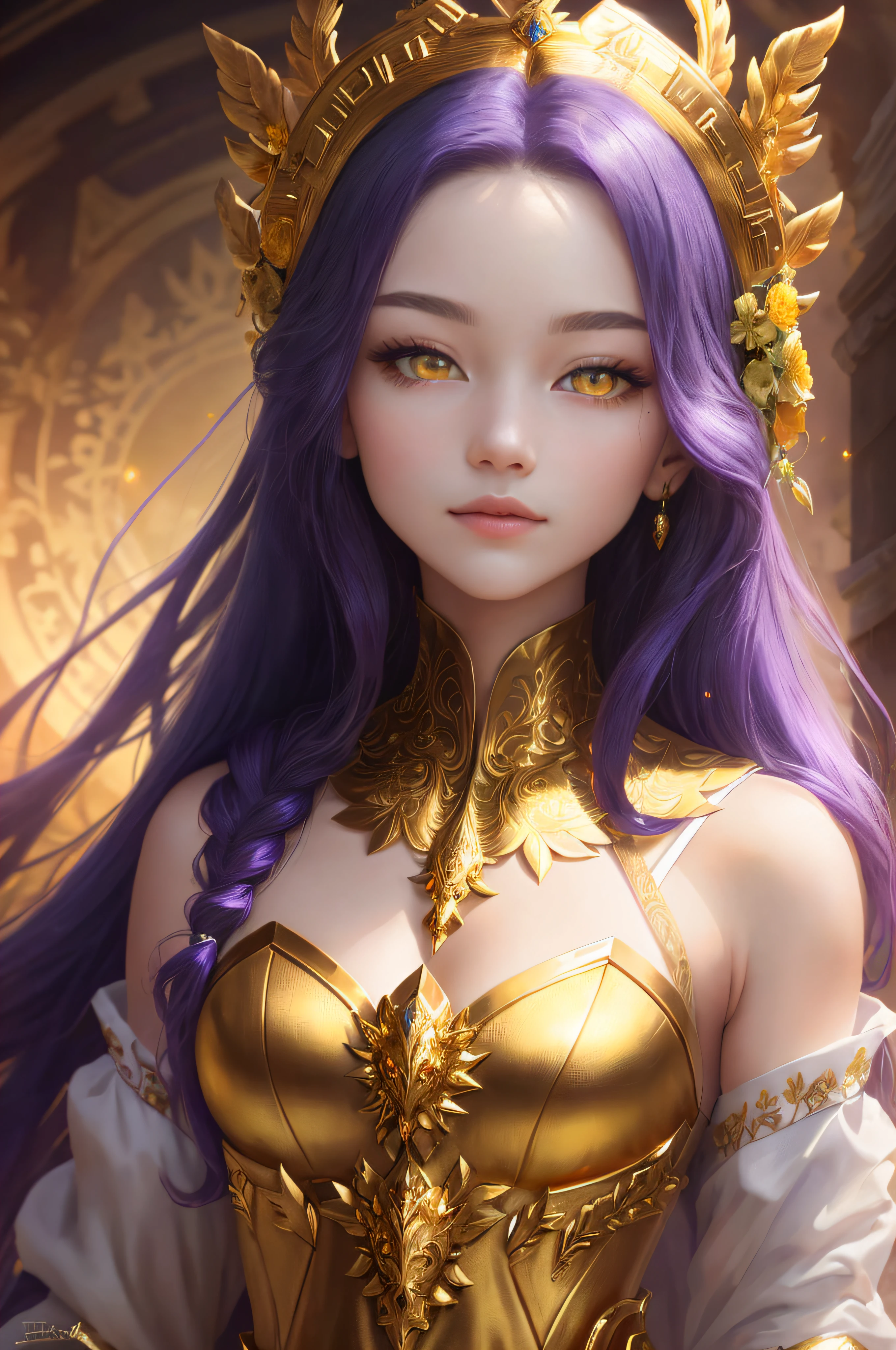 (Masterpiece - Ultra-Detailed, High-Res) Prepare to be enchanted by a true masterpiece that combines ultra-detailed artistry with high-resolution rendering. This artwork showcases a mesmerizing girl with deep blue/purple hair (1.3) and captivating light golden yellow eyes (1.2), emanating an aura of an fairy-like, mythical being - an embodiment of wisdom, elegance and mystery. Attire fuses elements of a knight's armor with delicate fairy aesthetics, blending the realms of power and enchantment. Flowing white fabrics adorned with gold accents. The intricate details and lifelike textures invite you to explore every aspect of this enchanting composition. Get ready to be immersed in a world where beauty and craftsmanship merge seamlessly. (small breasts), (light golden yellow eyes)