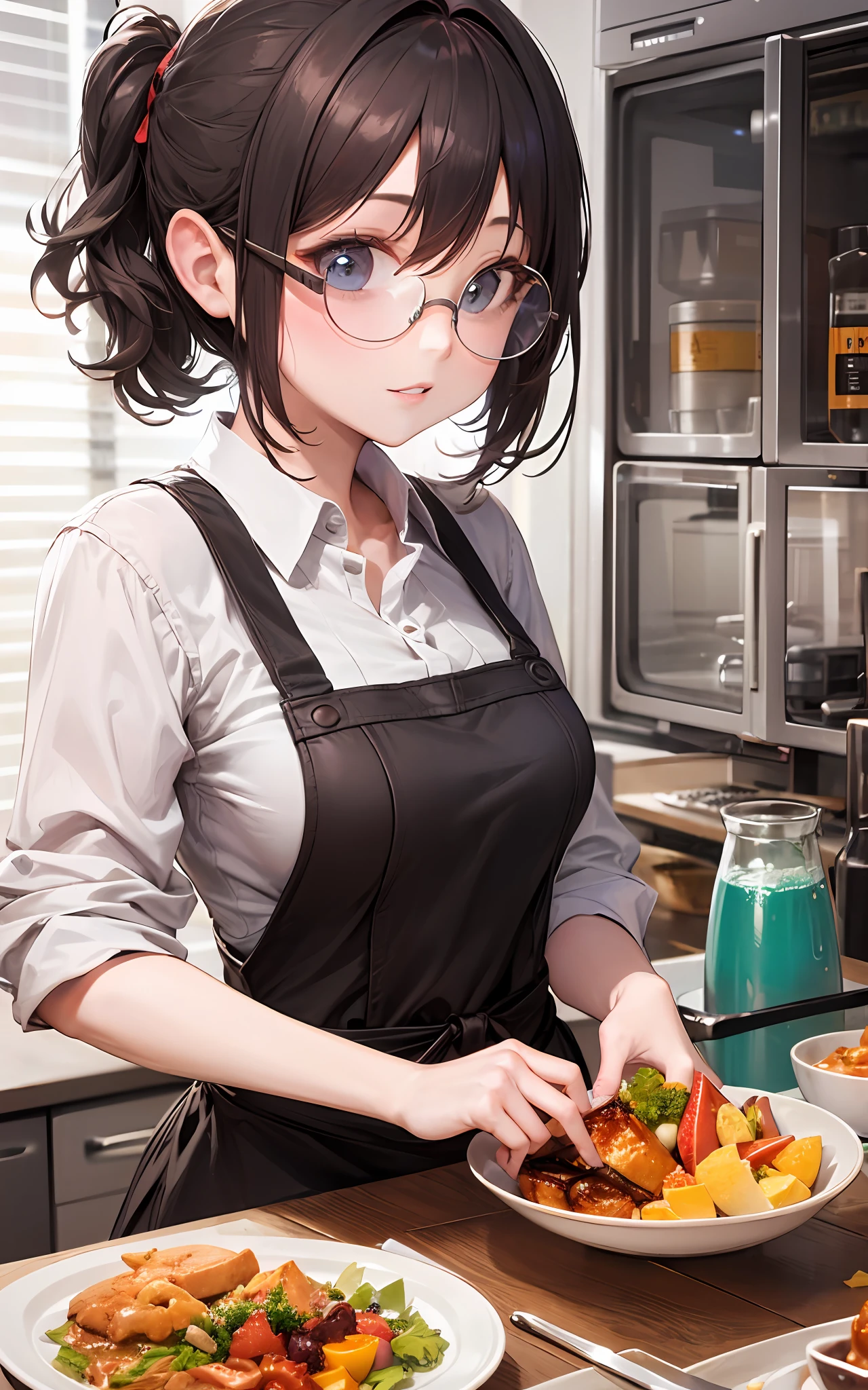 Top Quality, 8K, 4K, High Definition, Details Beautiful round glasses girl, dark haired girl, eating lunch, kitchen,