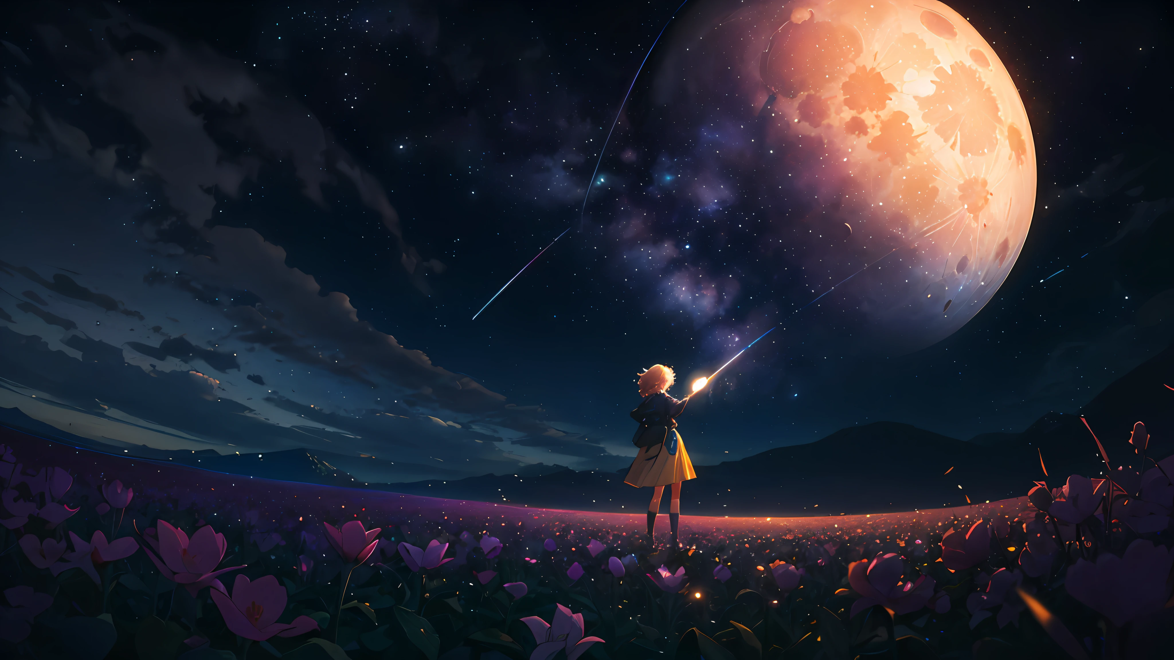 A wide landscape photo, (viewed from below, the sky is above, and the open field is below), a girl standing on a flower field looking up, (full moon: 1.2), (meteor: 0.9), (nebula: 1.3), distant mountains , Trees BREAK Crafting Art, (Warm Light: 1.2), (Firefly: 1.2), Lights, Lots of Purple and Orange, Intricate Details, Volumetric Lighting BREAK (Masterpiece: 1.2), (Best Quality), 4k, Ultra Detailed, (Dynamic Composition: 1.4), Rich in Detail and Color, (Rainbow Color: 1.2), (Glow, Atmospheric Lighting), Dreamy, Magical, (Solo: 1.2)