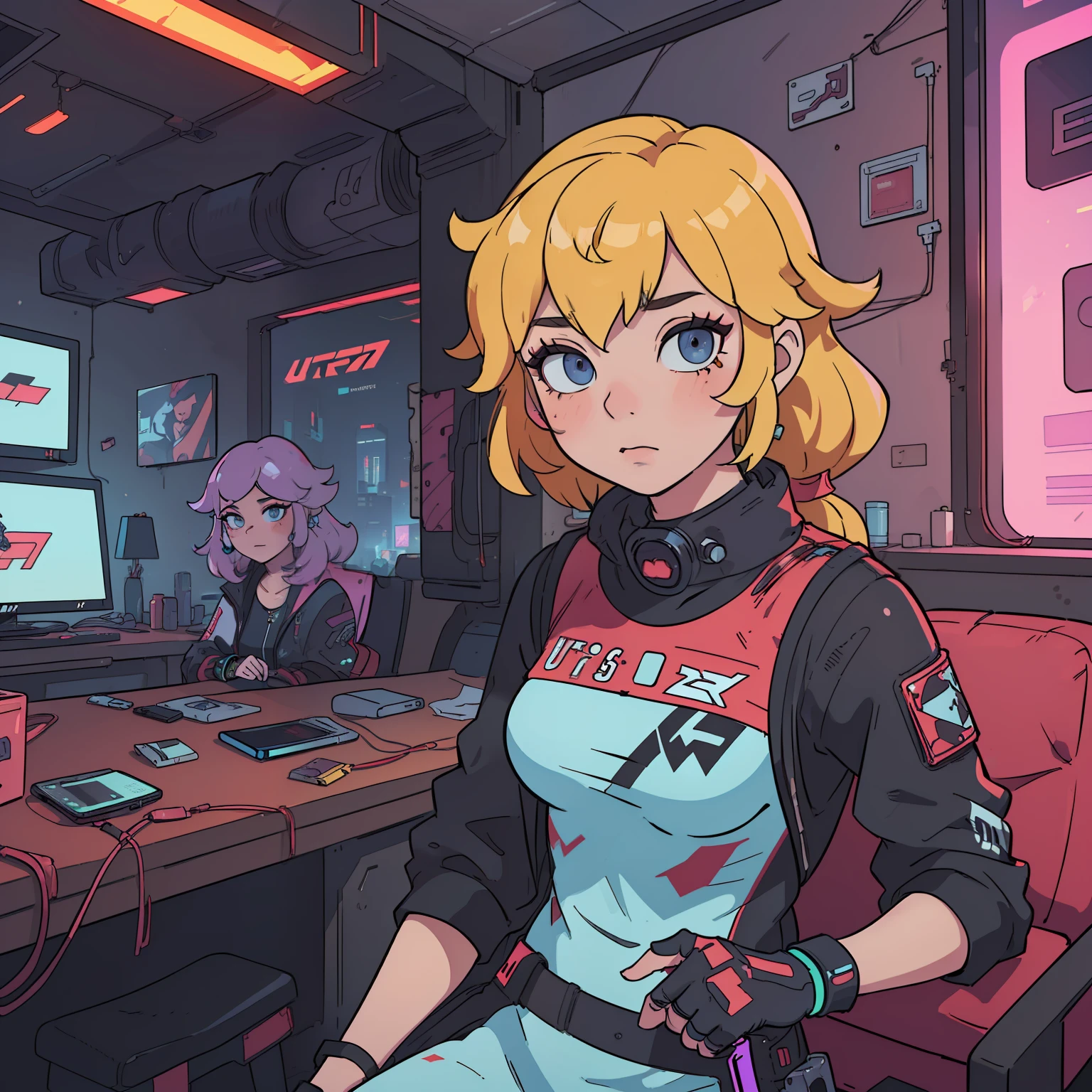 ((masterpiece)), ((best quality)), (((ultra high resolution)), a woman, Princess Peach, cyberpunk clothes 2077, inside a cyberpunk house 2077, very detailed background, detailed skin, detailed face, gorgeous, messy, dynamic poses, hacker, hologram, futuristic clothes