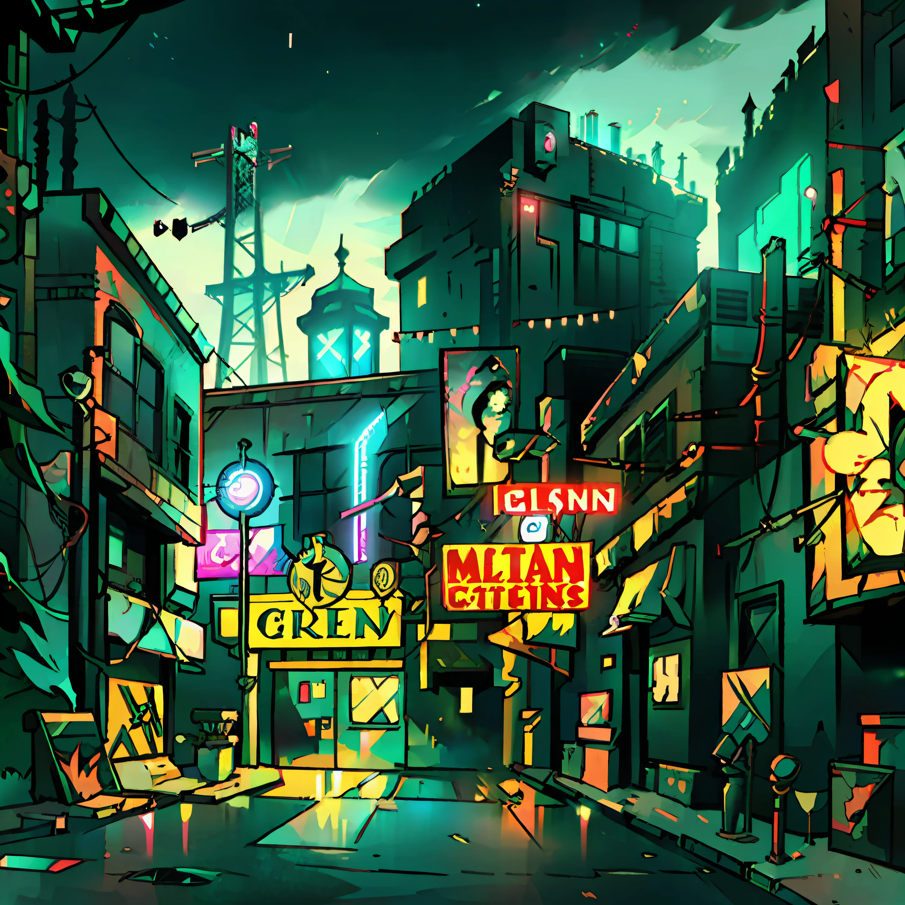 Illustration of a Cyberpunk Cityscape at Night with Skyscrapers, Neon Lights, Billboards, Cars, Theater Marquee, & Electric Wires. Retro Video Game Pixelart City. [Sci-Fi, Fantasy, Historic]