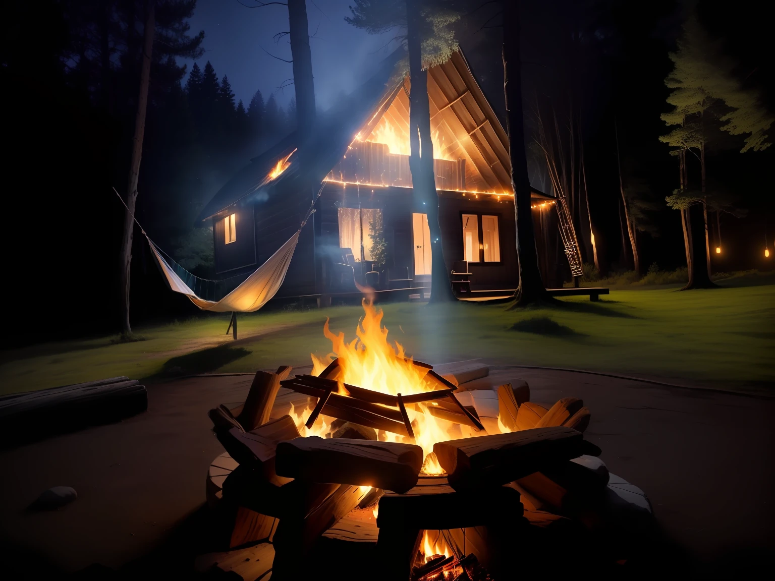 there is a fire pit in front of a cabin with a hammock, fire lit, outdoors at night, cozy setting, bathed in the the glow of a fire, campfire in background, cozy night fireflies, camp fire, cozy and peaceful atmosphere, outdoor campfire pit, cozy place, cozy environment, cabin in the woods, glamping, photo taken at night