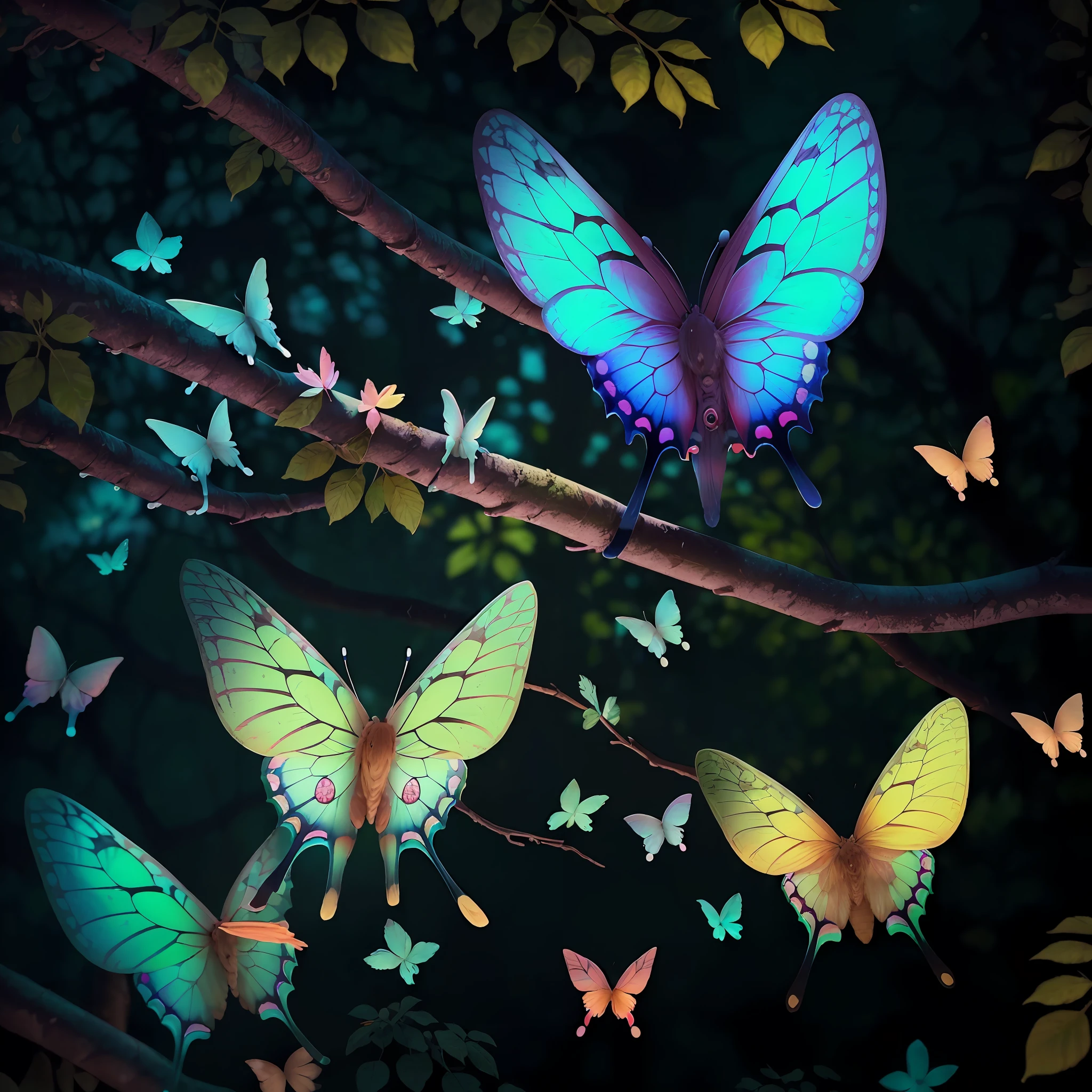 (many different colorful butterflies:1.3), blurry_background, depth_of_field, motion_blur, photorealistic, forest on the background, cloud atmosphere, fireworks on the background, light_particles, twilight, glowing, animal_focus, gradient colors, festival, floral_background, animal, very contrast and colorful style, cute warm and kind atmosphere, (no human:1.4), (no humans:1.4), (no people:1.4), (non-human:1.4)