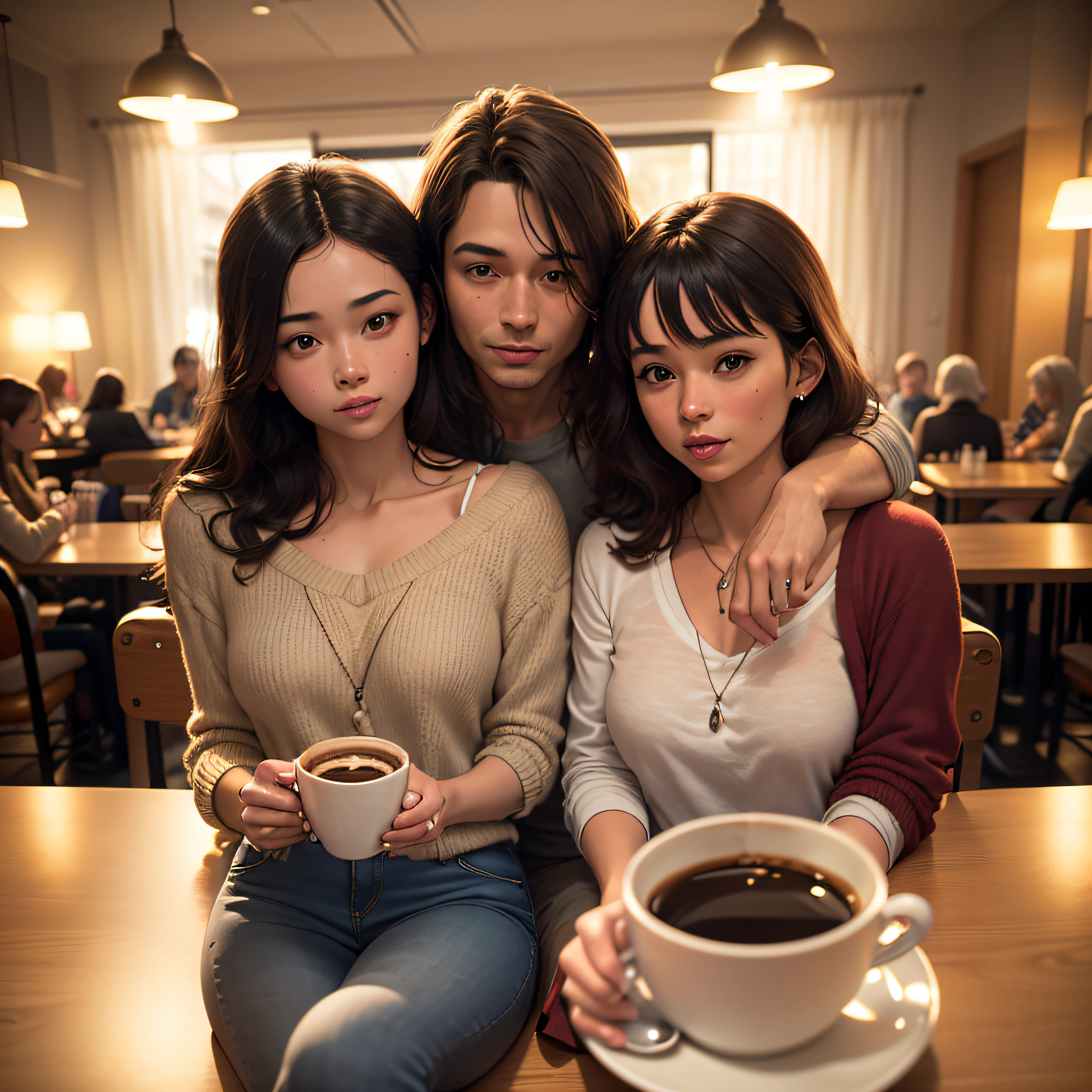 A group of friends gather in a cozy coffee shop. They are in an environment lit by natural light filtered through the curtains. They talk animatedly, each person has a unique style, reflected in their clothes and accessories. 

The décor of the cafeteria is cozy, with cups of coffee. The soft lighting creates a pleasant and inviting atmosphere.  The image is ultra-realistic and features high definition.